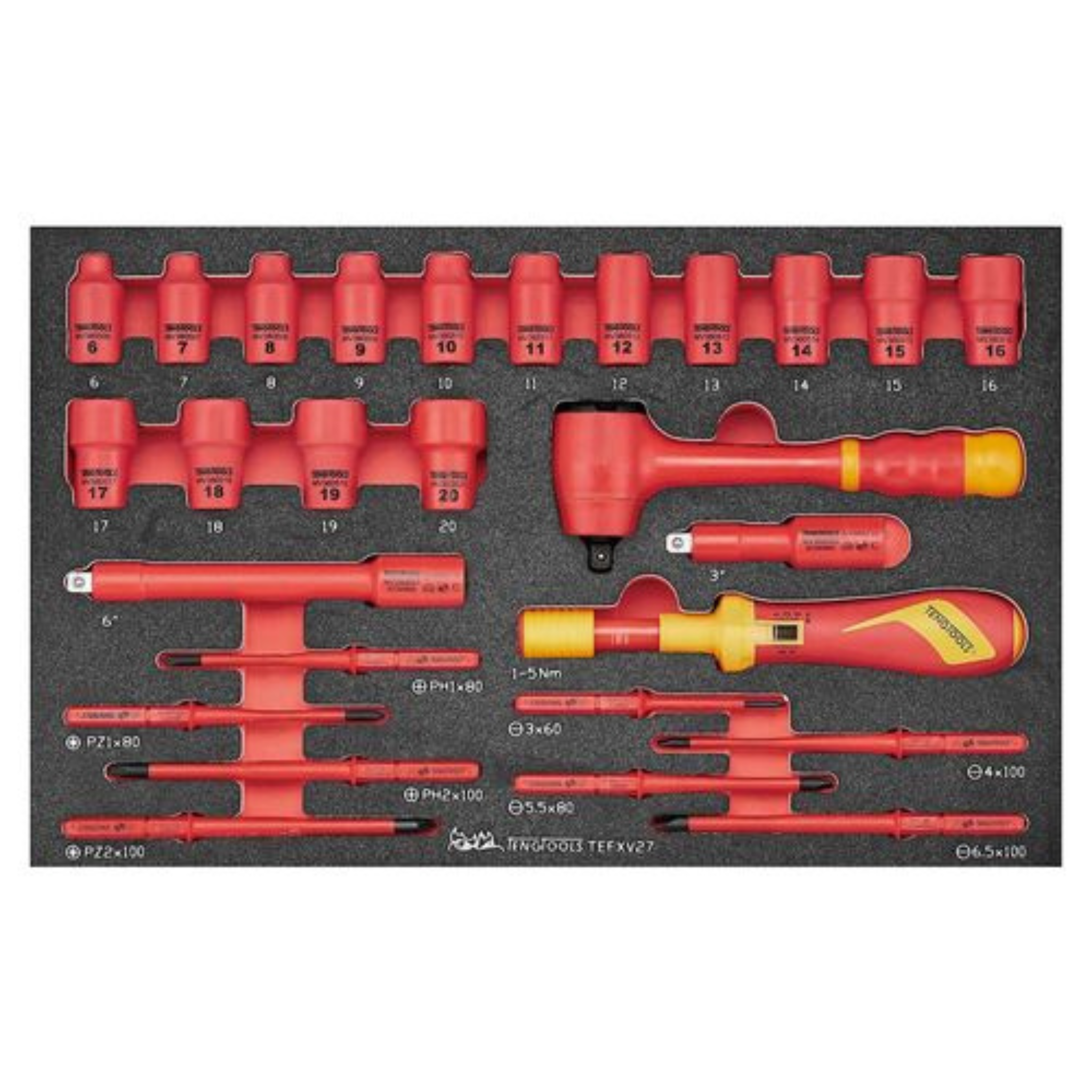 Teng Tools - Juego de 27 destornilladores dinamométricos con trinquete de 3/8 pulgadas, 1000 voltios, con barra de extensión, bandeja de espuma EVA y mango aislado - TEFXV27