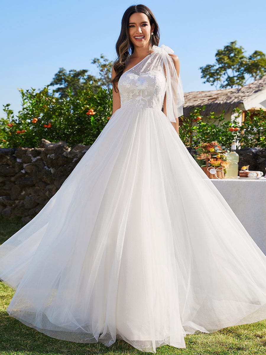 White Tulle One-Shoulder Wedding Dress with Floral Embroidery