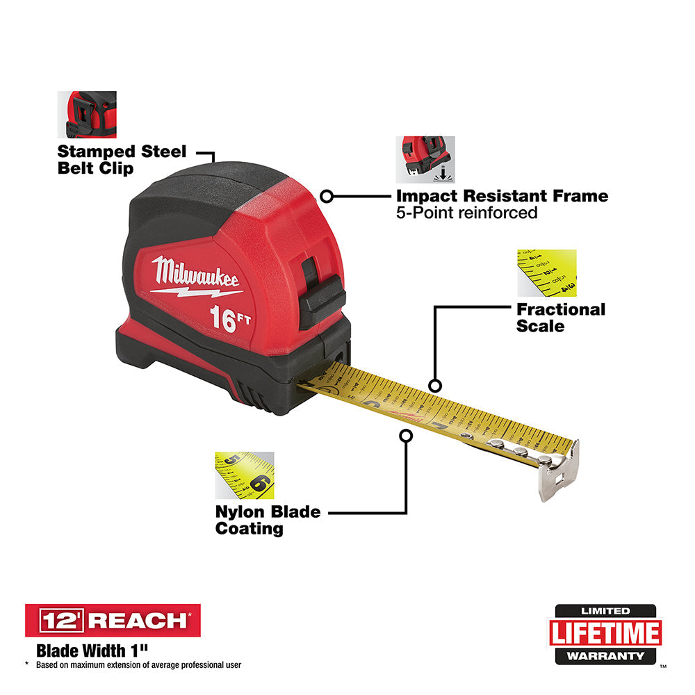 Milwaukee 48-22-6616 16 ft. Compact Tape Measure