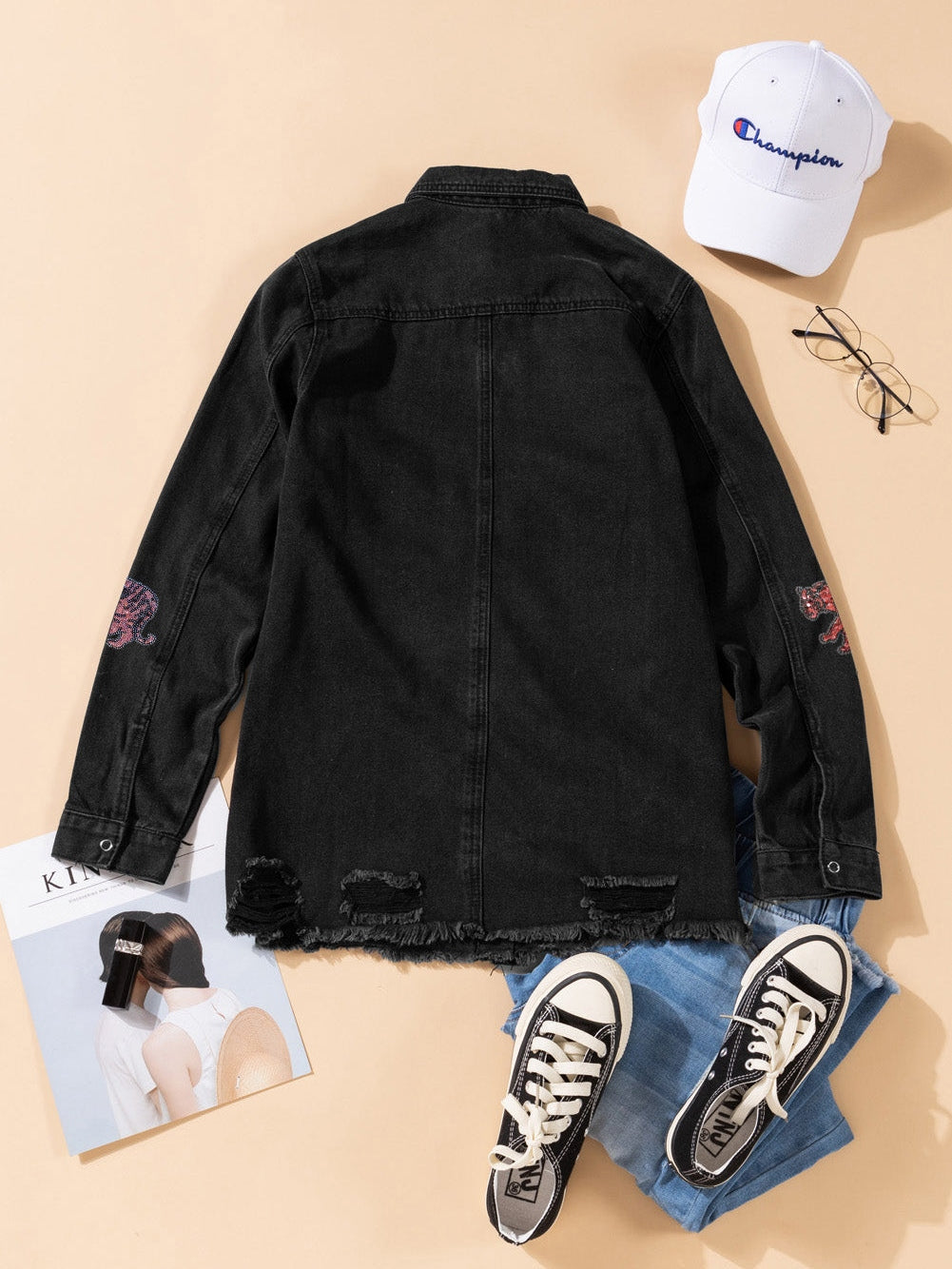 Modern Black Denim Jacket with Tiger Embellishments
