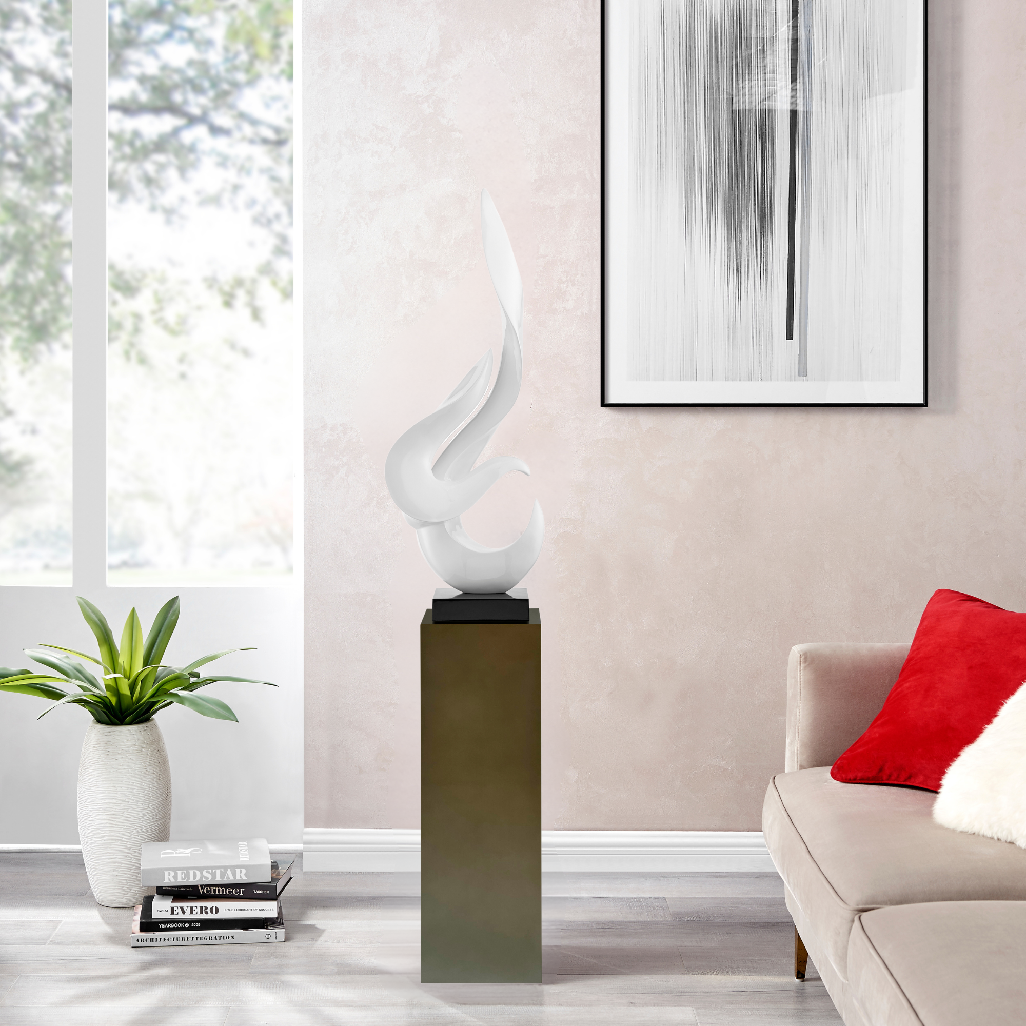 Escultura de piso Flame de 65" de alto // Blanca con soporte gris