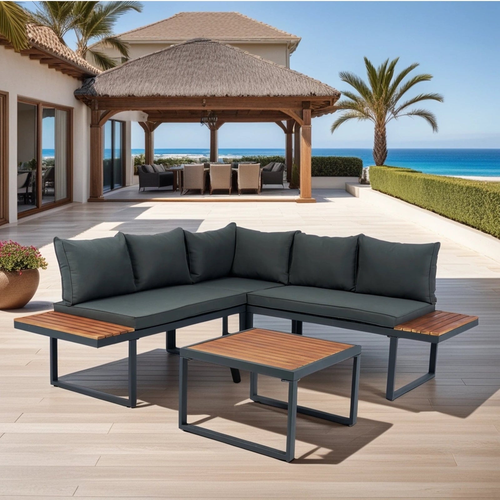 Walker Edison | Steel 4 Piece L-Shaped Patio Sectional Sofa Set