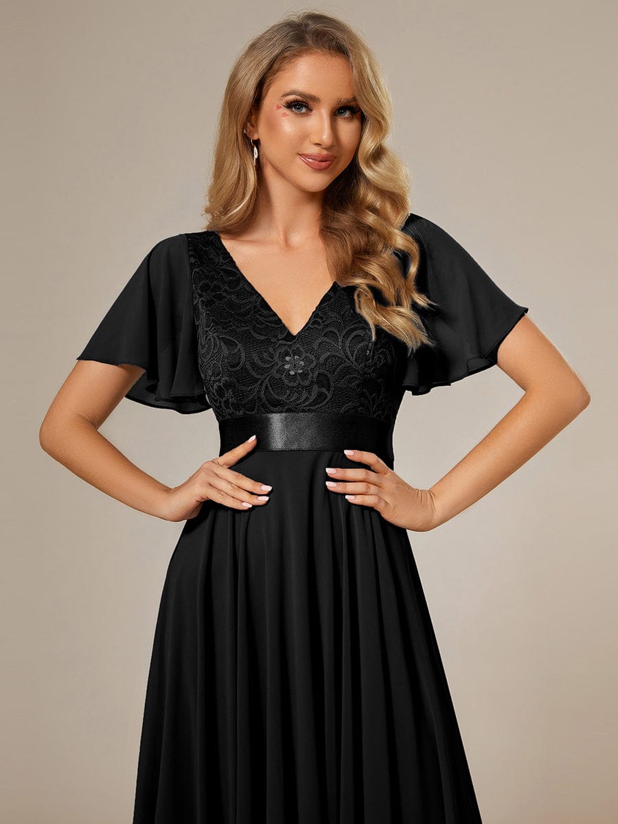Asymmetrical Short Sleeve Chiffon Dress with Lace
