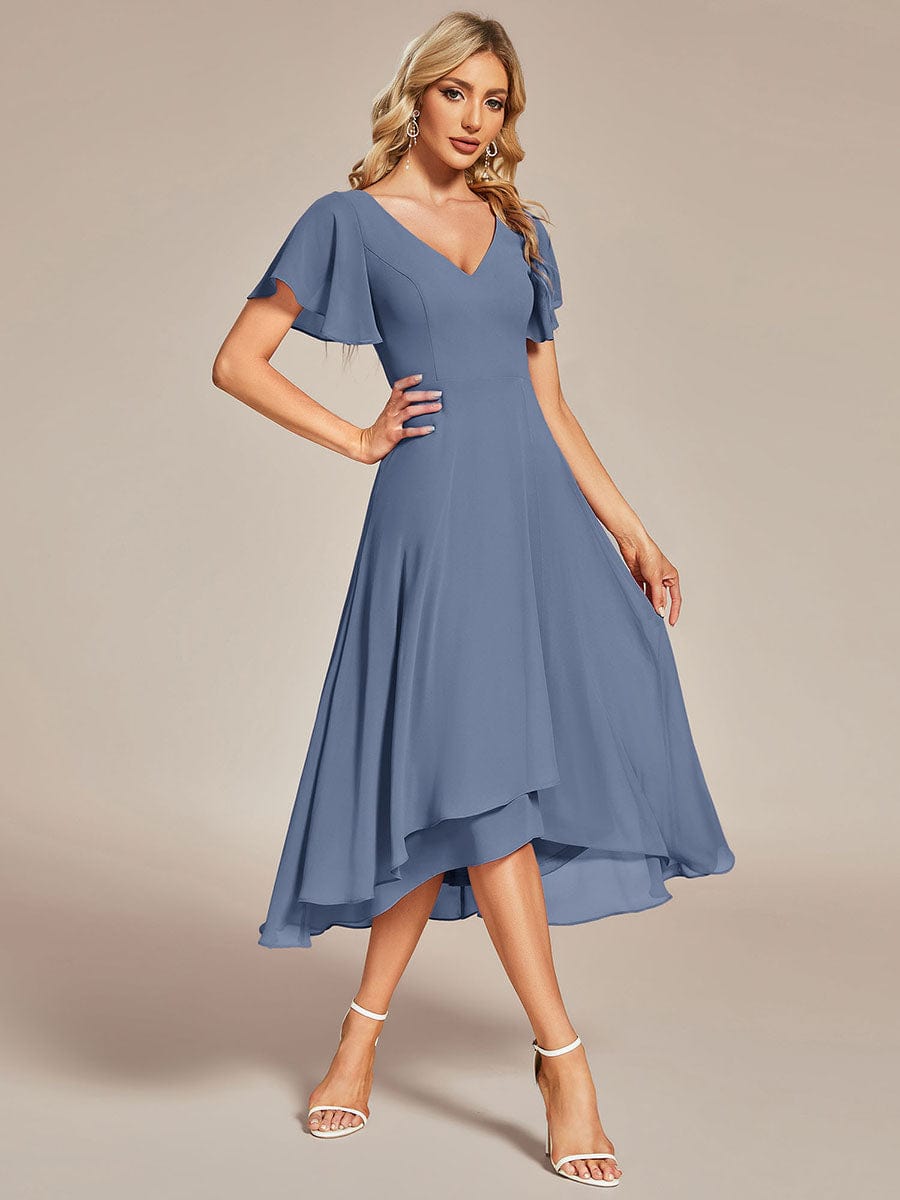 Charming V-Neck Dress with High-Low Hemline