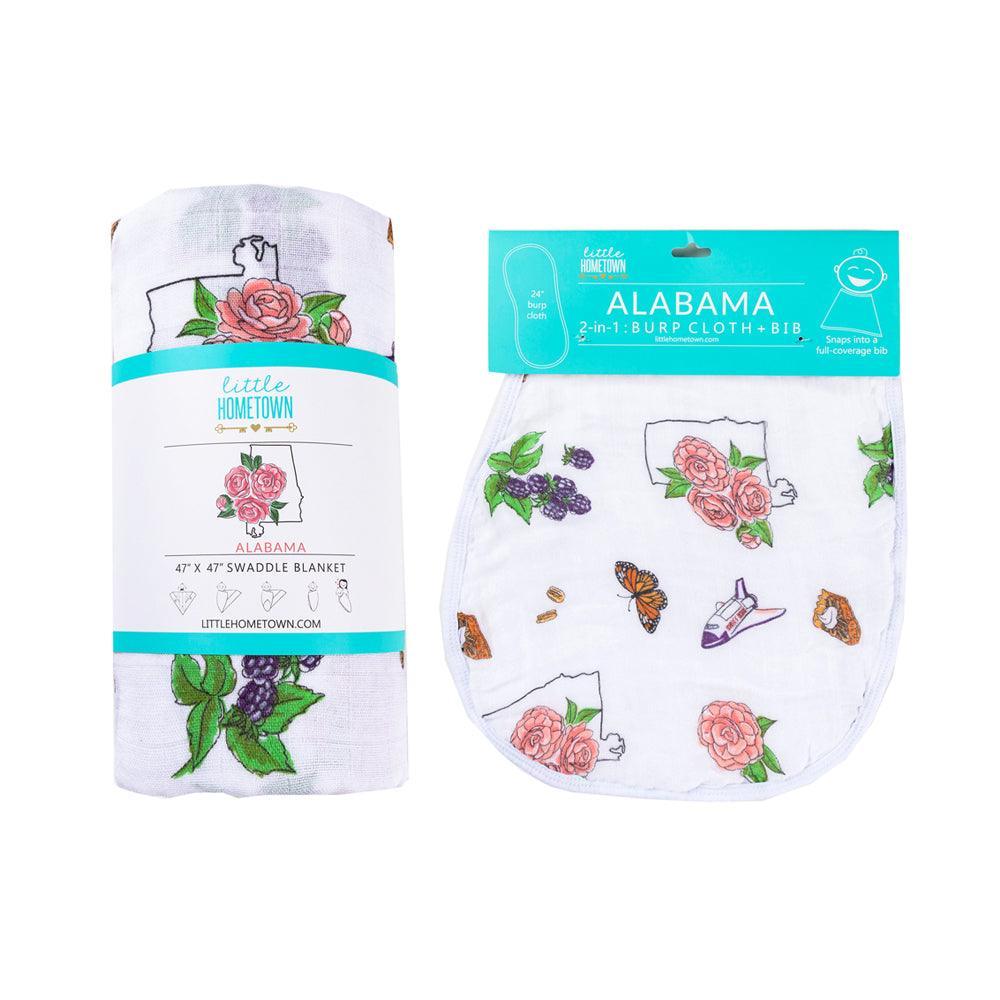 Conjunto de regalo: manta de muselina para bebé con diseño floral de Alabama y babero/paño para eructar combinado