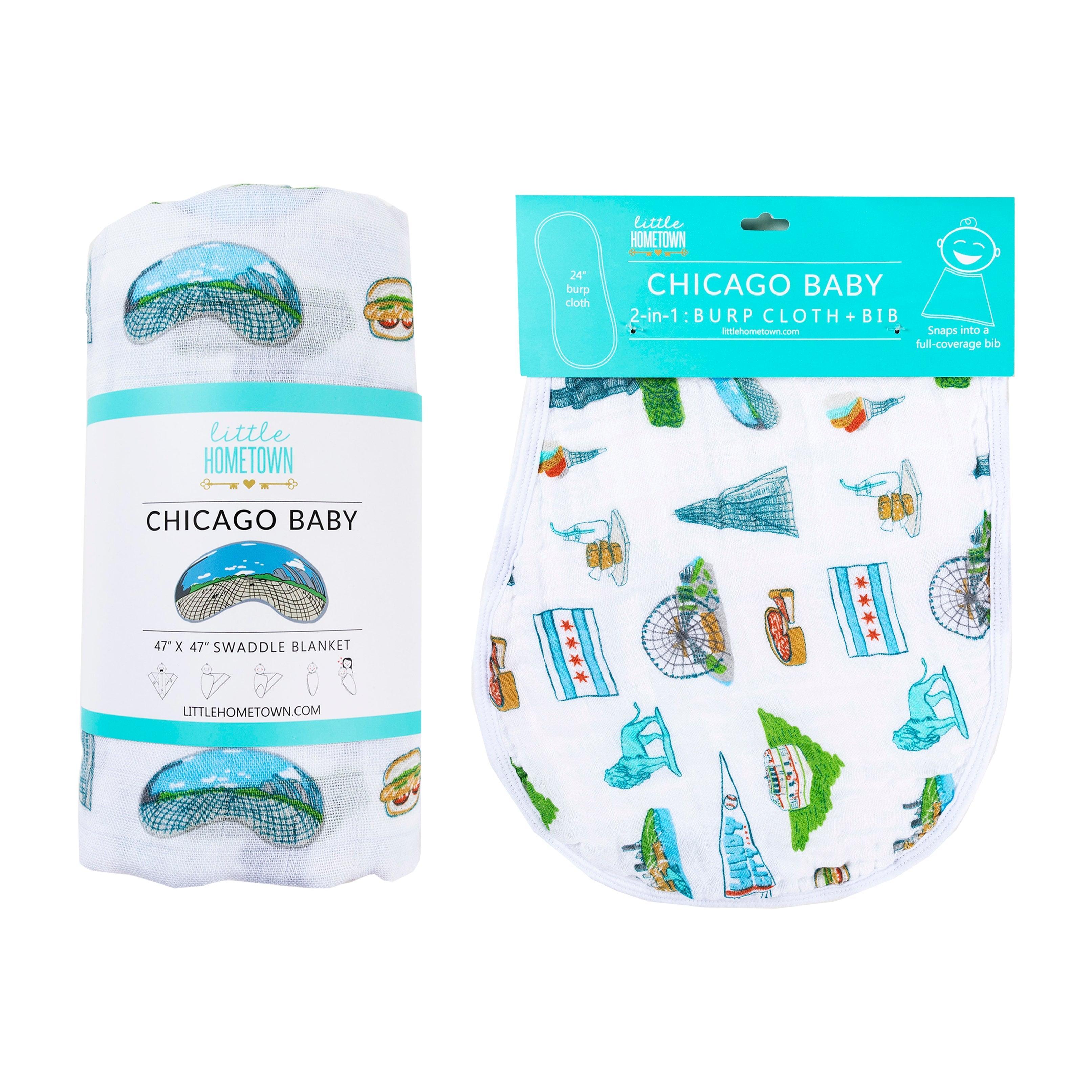 Conjunto de regalo: manta de muselina para envolver al bebé y paño eructador/babero combinados de Chicago Baby