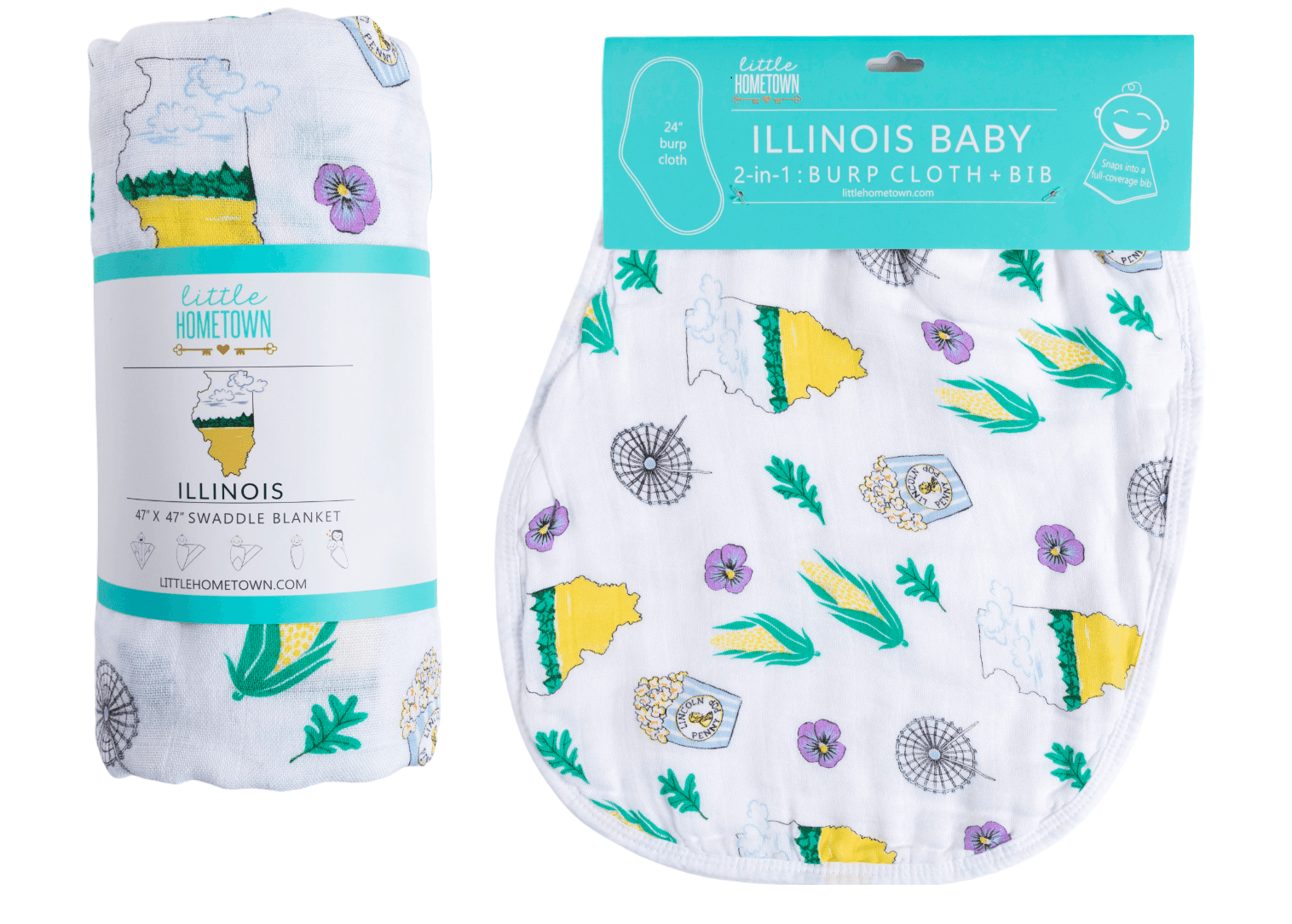 Gift Set: illinois Baby Muslin Swaddle Blanket and Burp Cloth/Bib Combo