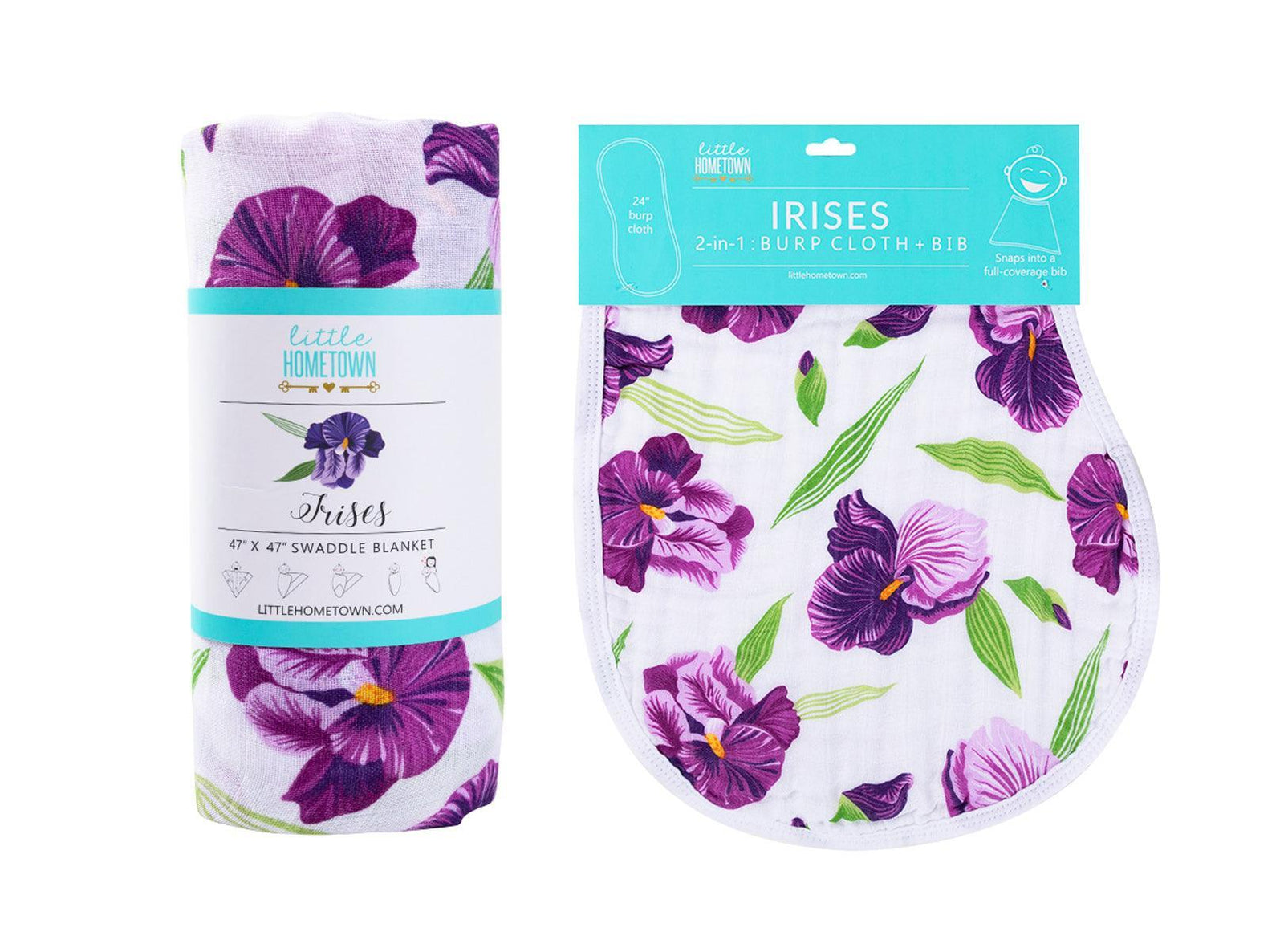 Gift Set: Irises Baby Muslin Swaddle Blanket and Burp Cloth/Bib Combo