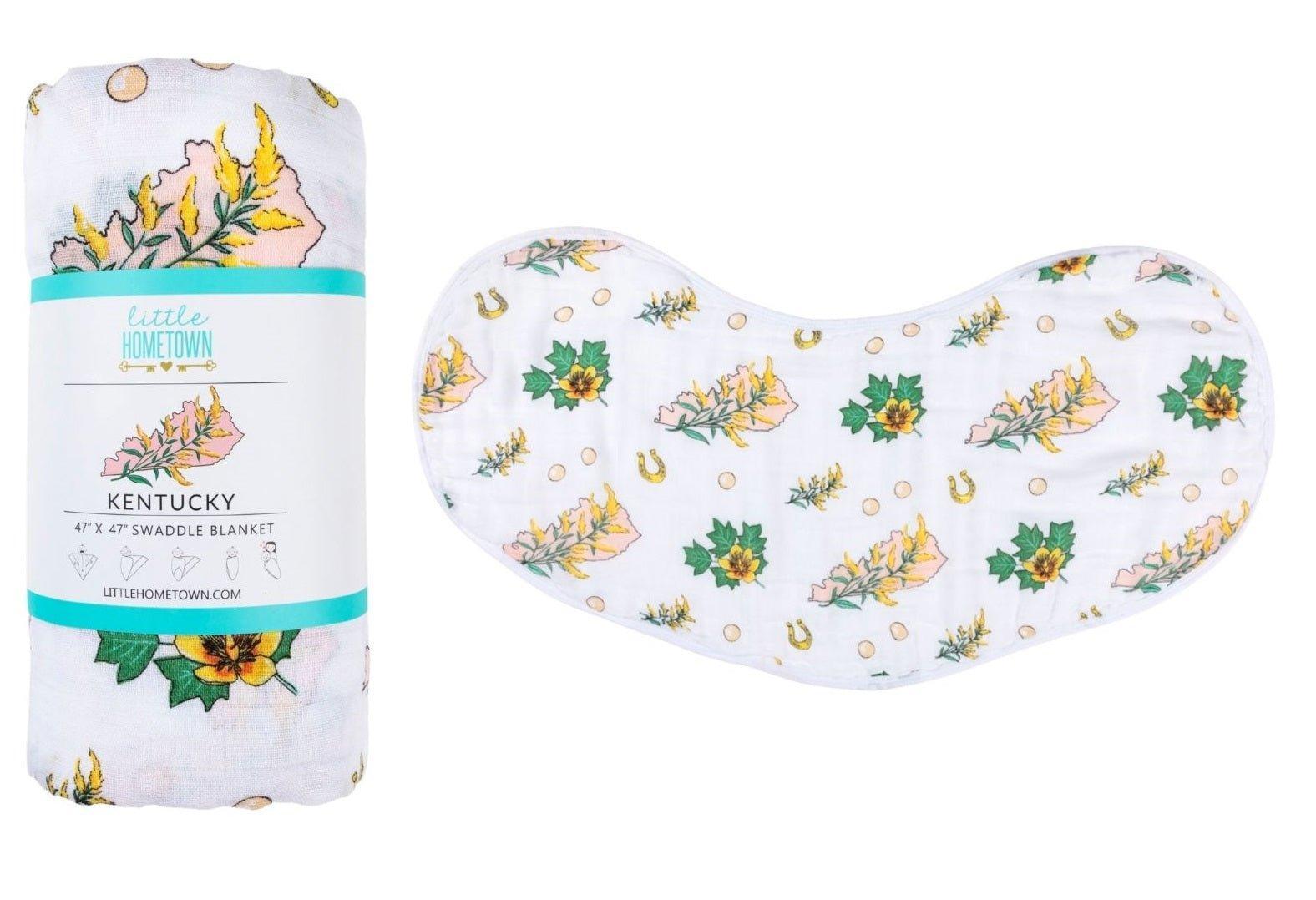 Gift Set: Kentucky Baby Muslin Swaddle Blanket and Burp Cloth/Bib Combo (Floral)