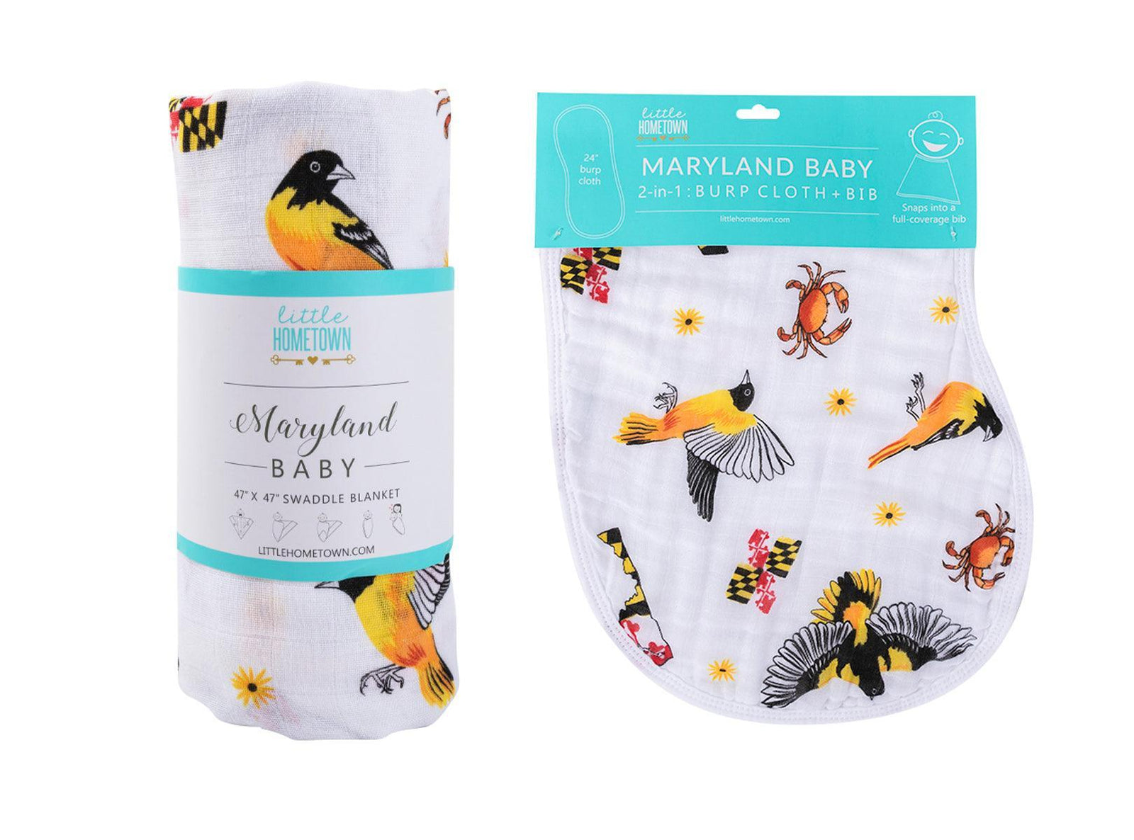 Gift Set: Maryland Baby Muslin Swaddle Blanket and Burp Cloth/Bib Combo