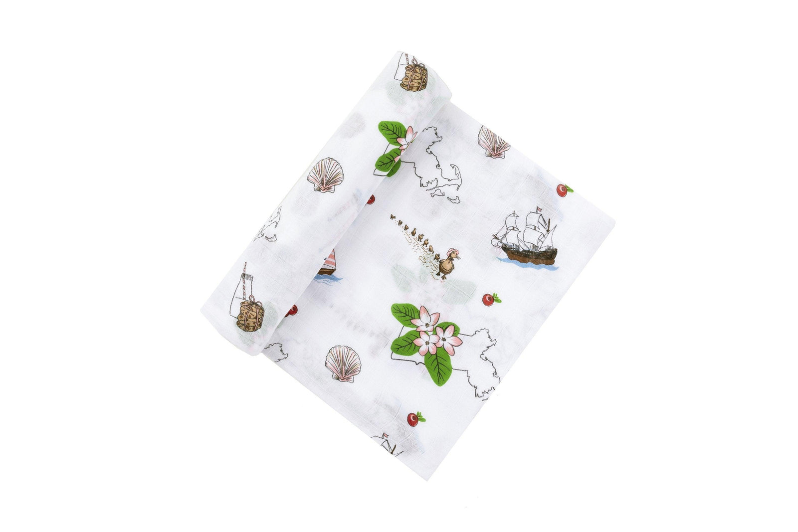 Gift Set: Massachusetts Floral Baby Muslin Swaddle Blanket and Burp Cloth/Bib Combo