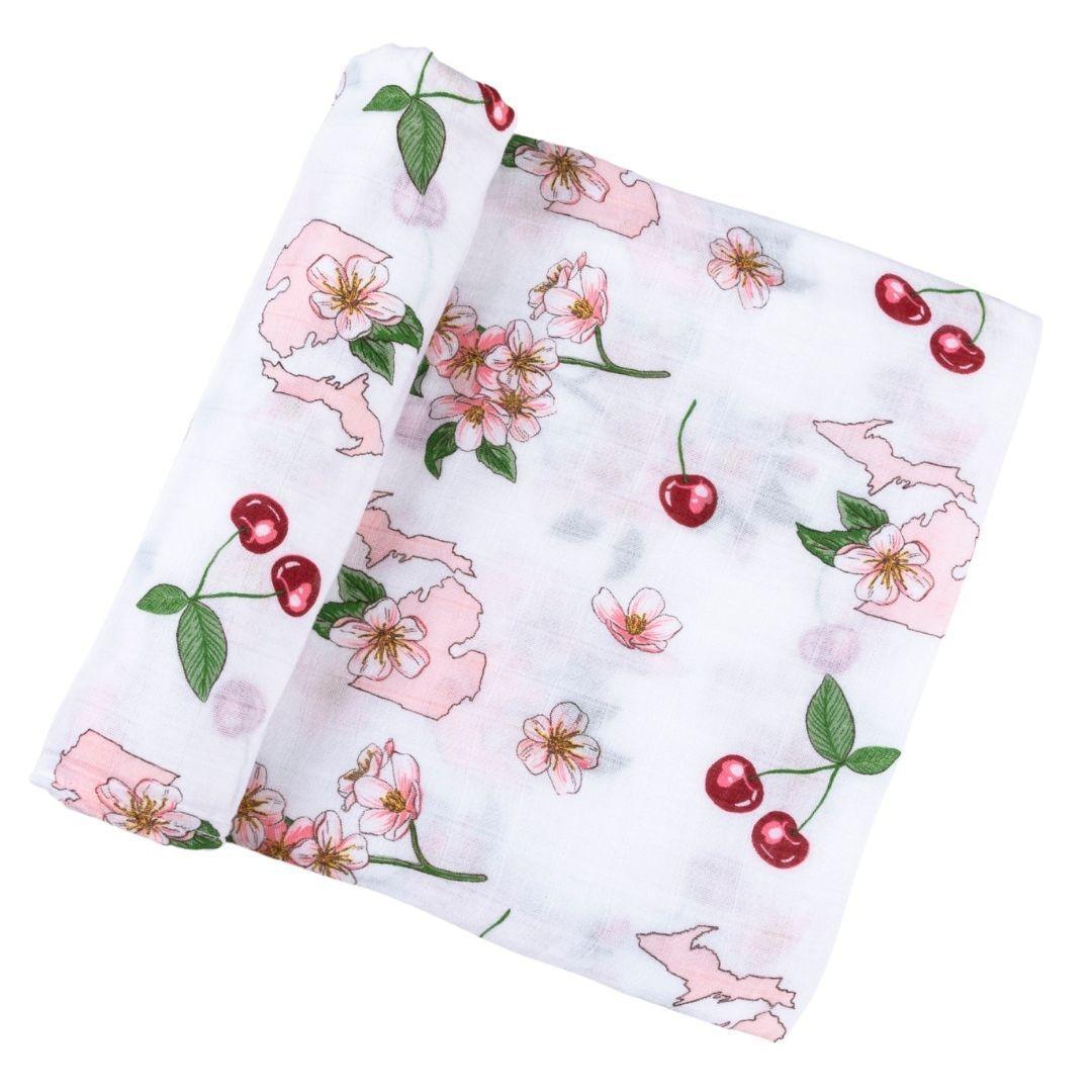 Gift Set: Michigan Baby Muslin Swaddle Blanket and Burp Cloth/Bib Combo (Floral)