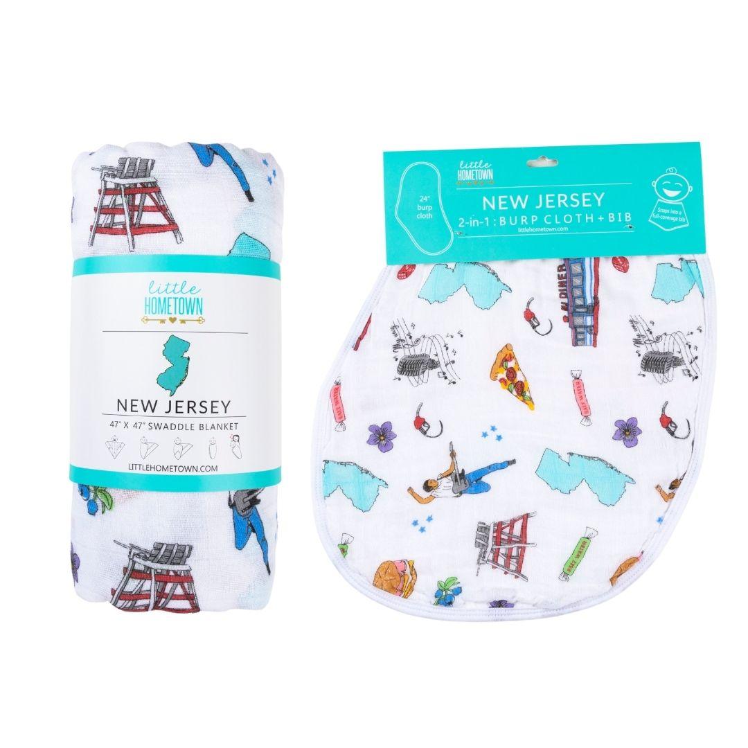 Gift Set: New Jersey Baby Muslin Swaddle Blanket and Burp Cloth/Bib Combo