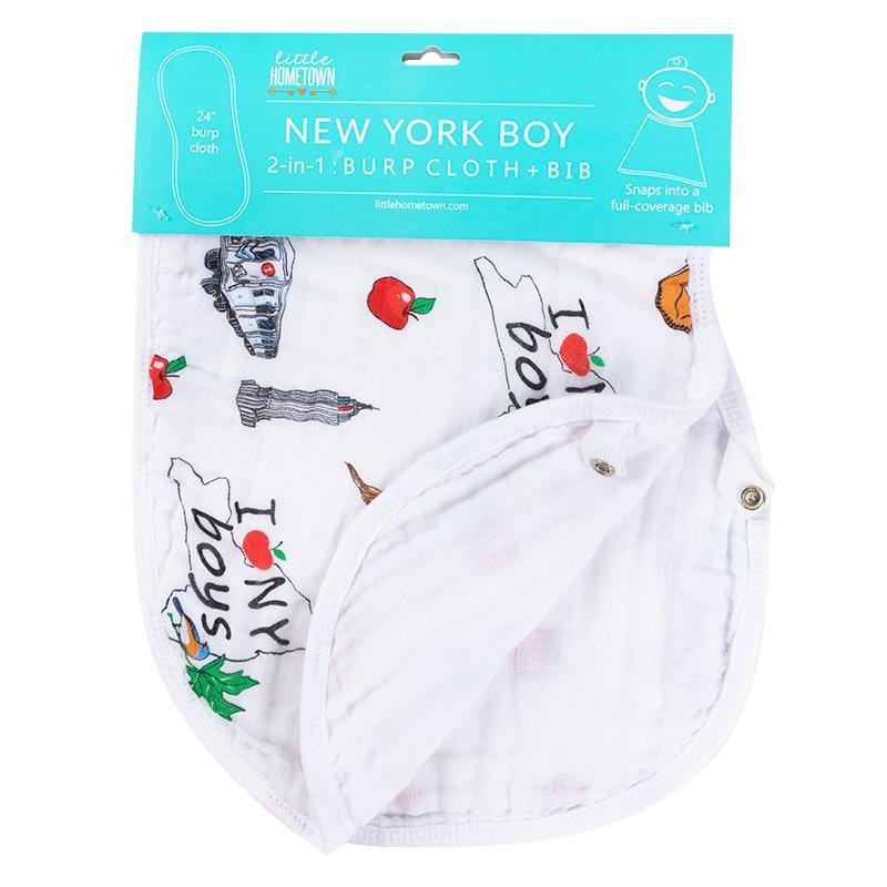 Gift Set: New York Baby Boy Muslin Swaddle Blanket and Burp Cloth/Bib Combo