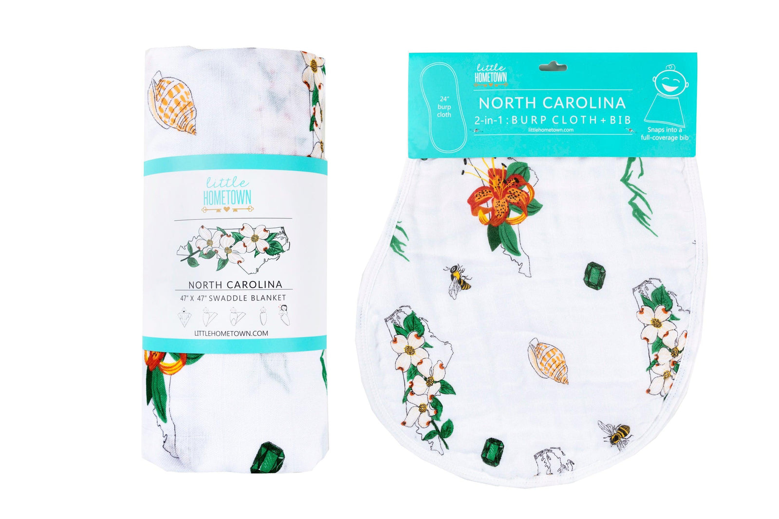 Gift Set: North Carolina Baby Muslin Swaddle Blanket and Burp Cloth/Bib Combo (Floral)