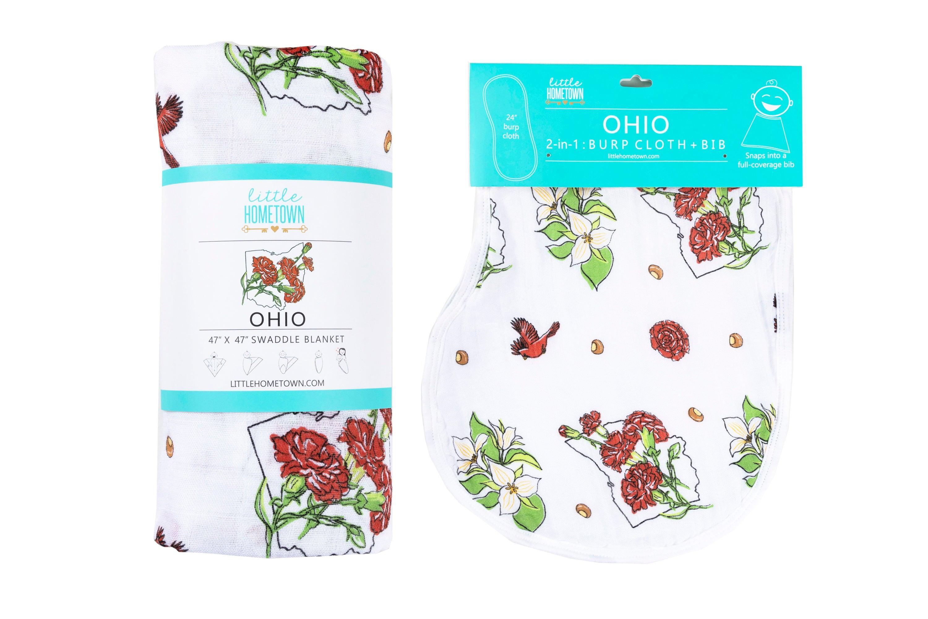 Gift Set: Ohio Baby Muslin Swaddle Receiving Blanket (Floral) and Burp/Bib Combo