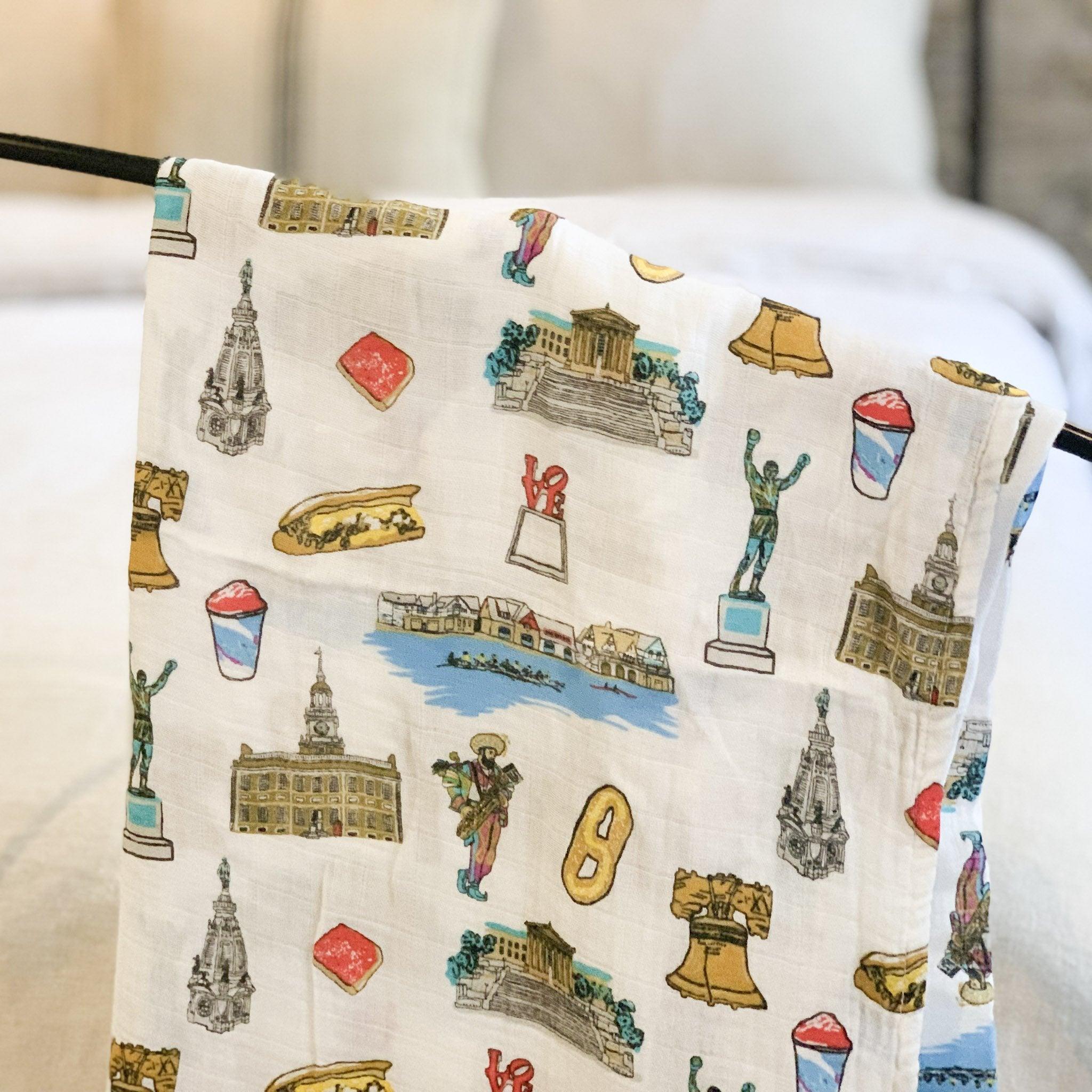 Gift Set: Philadelphia Baby Muslin Swaddle Blanket and Burp Cloth/Bib Combo