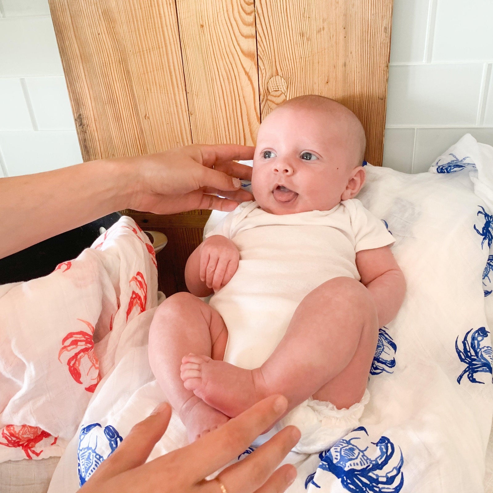 Gift Set: Pink Crab Baby Muslin Swaddle Blanket and Burp Cloth/Bib Combo