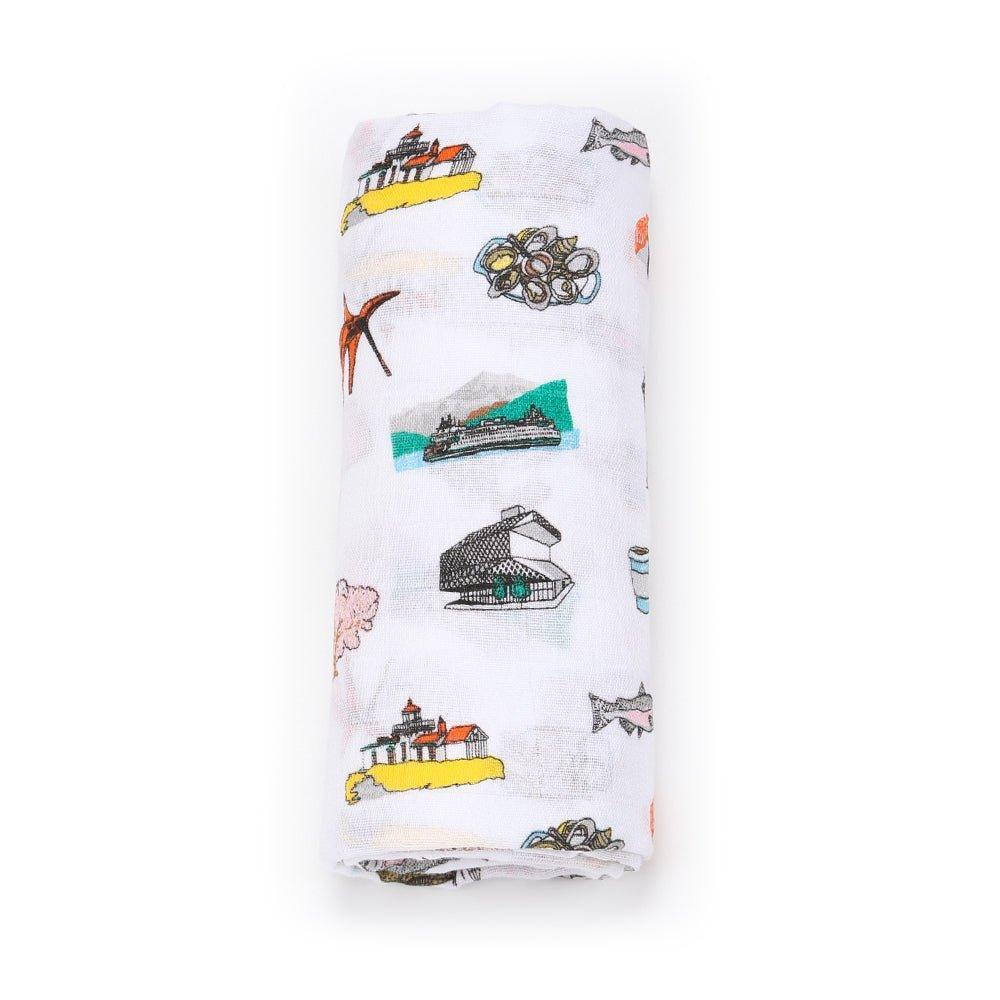 Gift Set: Seattle Baby Muslin Swaddle Blanket and Burp Cloth/Bib Combo