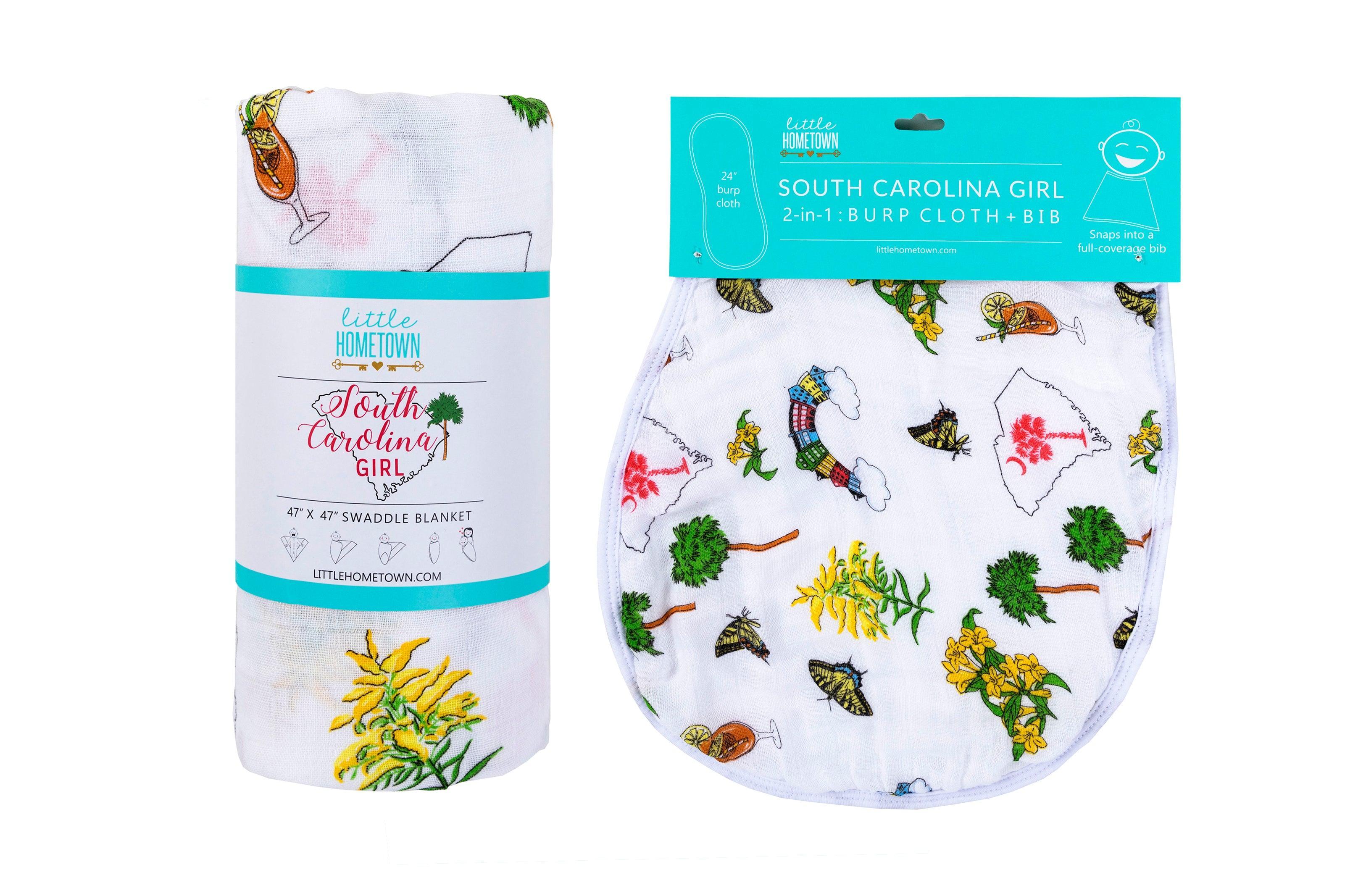 Gift Set: South Carolina Girl Baby Muslin Swaddle Blanket and Burp Cloth/Bib Combo