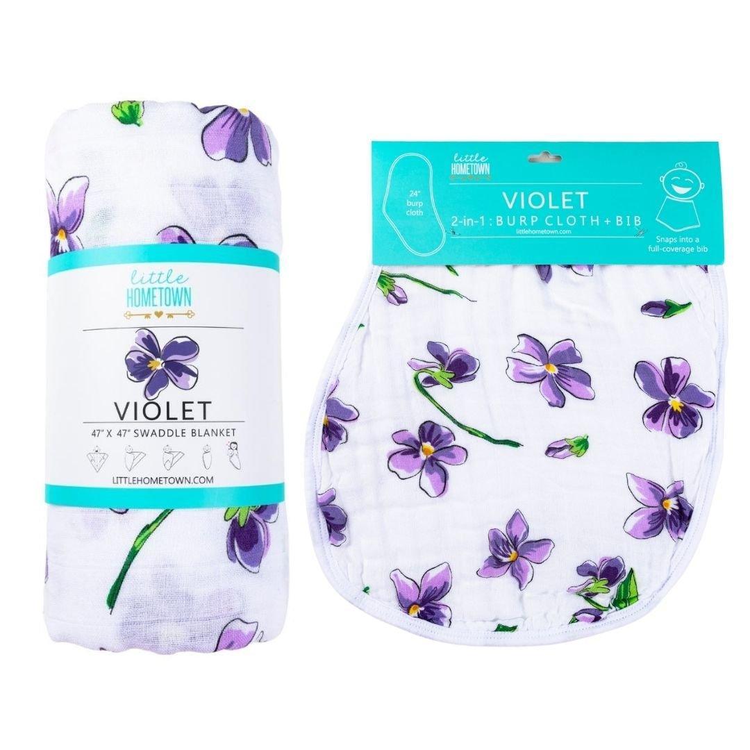 Conjunto de regalo: manta de muselina para bebé violeta y paño eructador/babero combinado