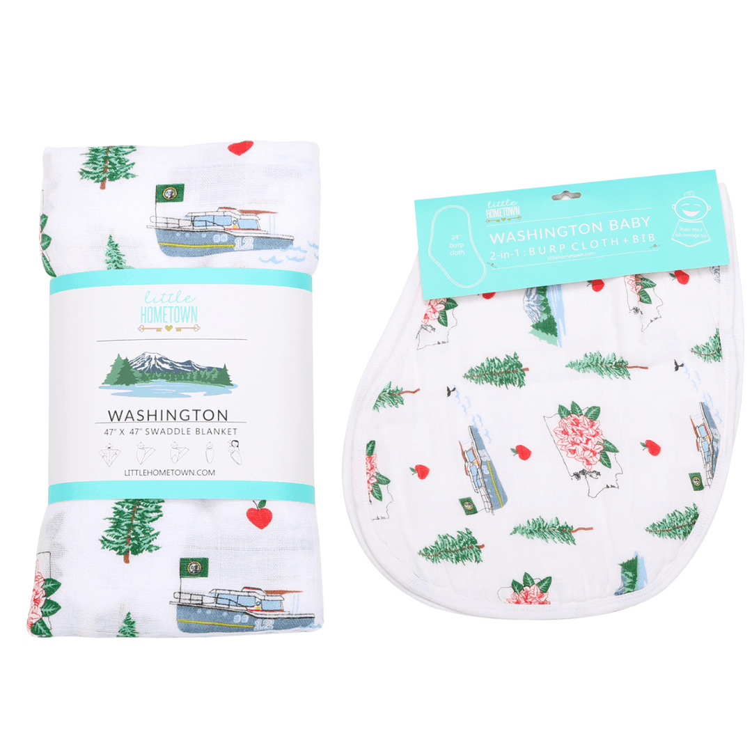 Gift Set: Washington (State) Baby Muslin Swaddle Blanket and Burp Cloth/Bib Combo