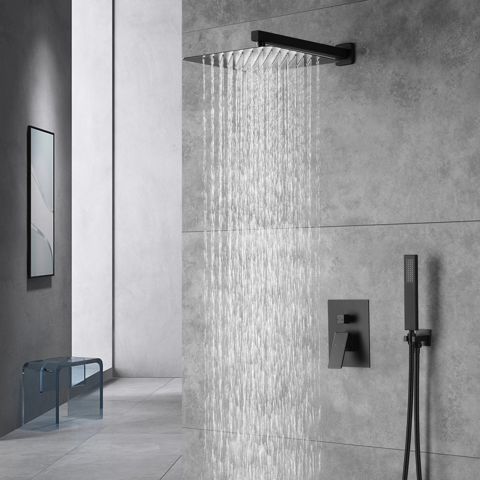 Matte Black Wall Mounted Rainfall Shower Faucet Dual Function with Pressure Balance Rough-In Valve