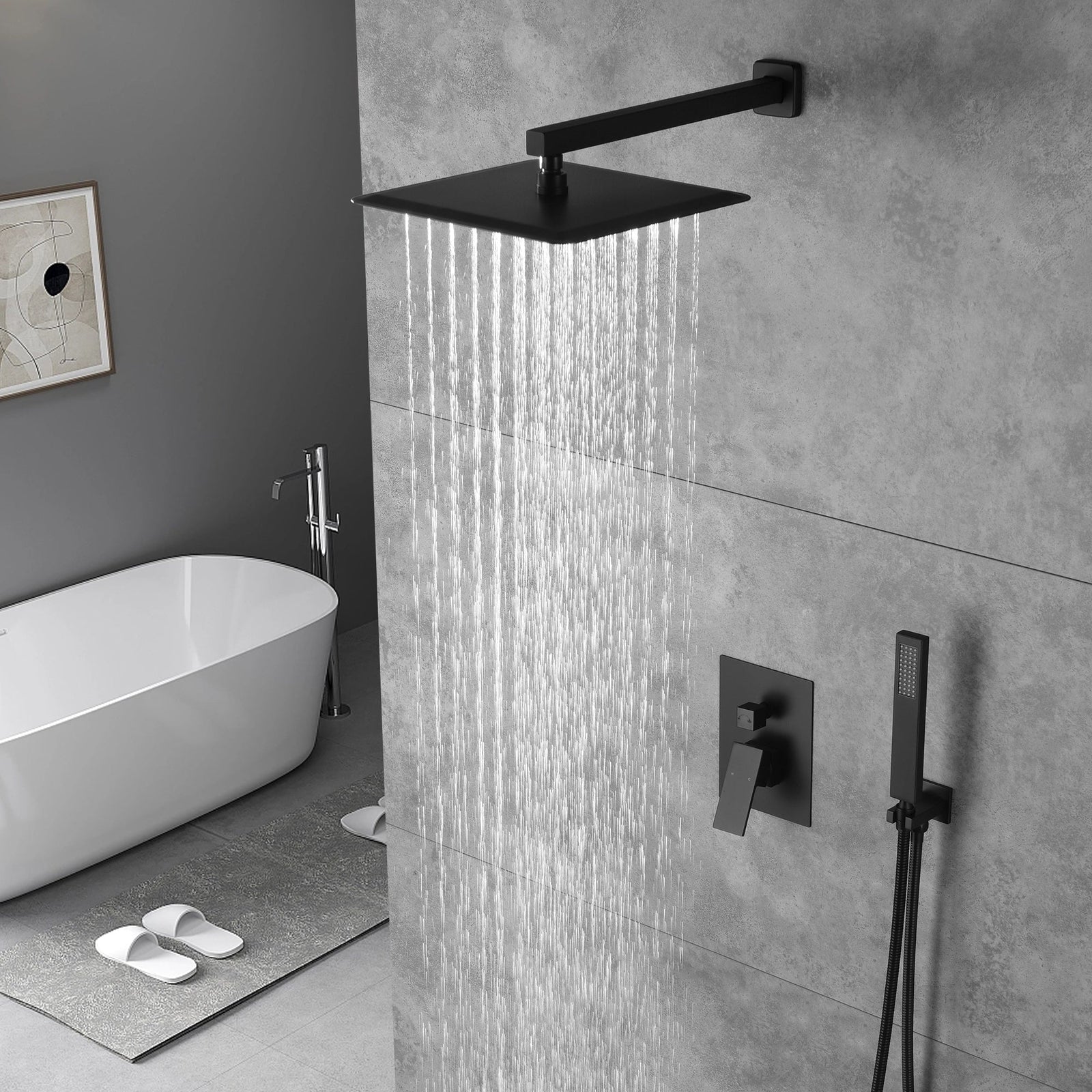 Matte Black Wall Mounted Rainfall Shower Faucet Dual Function with Pressure Balance Rough-In Valve