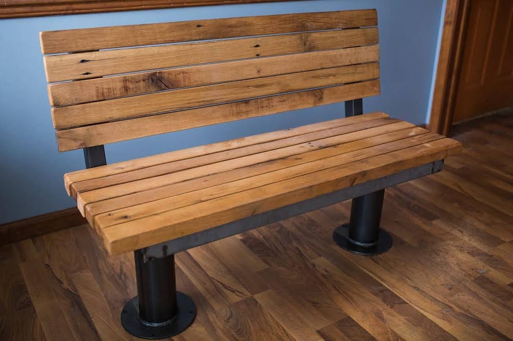 Bolted Down Bench With Back - Reclaimed Furniture For Restaurants - Wooden Bench With Back For Café