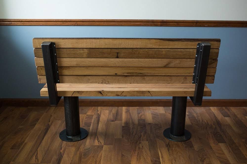 Bolted Down Bench With Back - Reclaimed Furniture For Restaurants - Wooden Bench With Back For Café