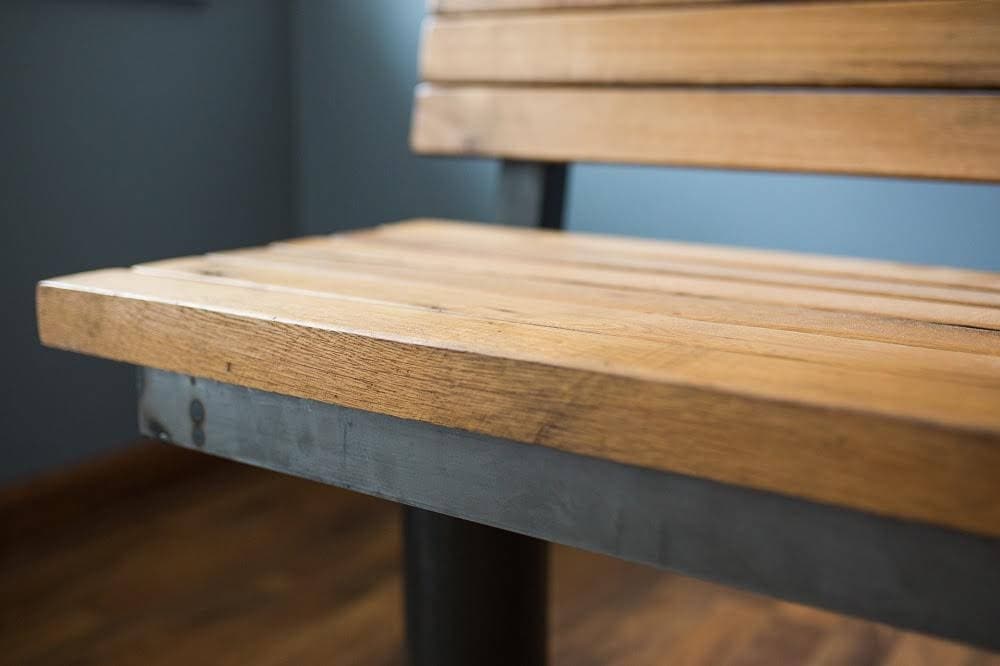 Bolted Down Bench With Back - Reclaimed Furniture For Restaurants - Wooden Bench With Back For Café