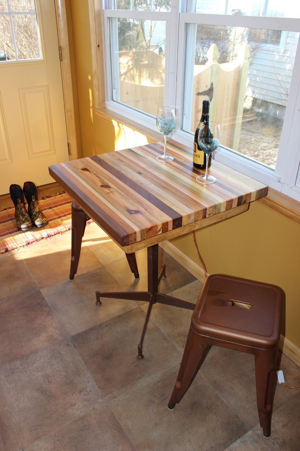 Mesa de desayuno, mesa de cocina con bloque de carnicero, mesa de comedor pequeña de madera, mesa con base de metal, mesa de isla de carnicero bohemia