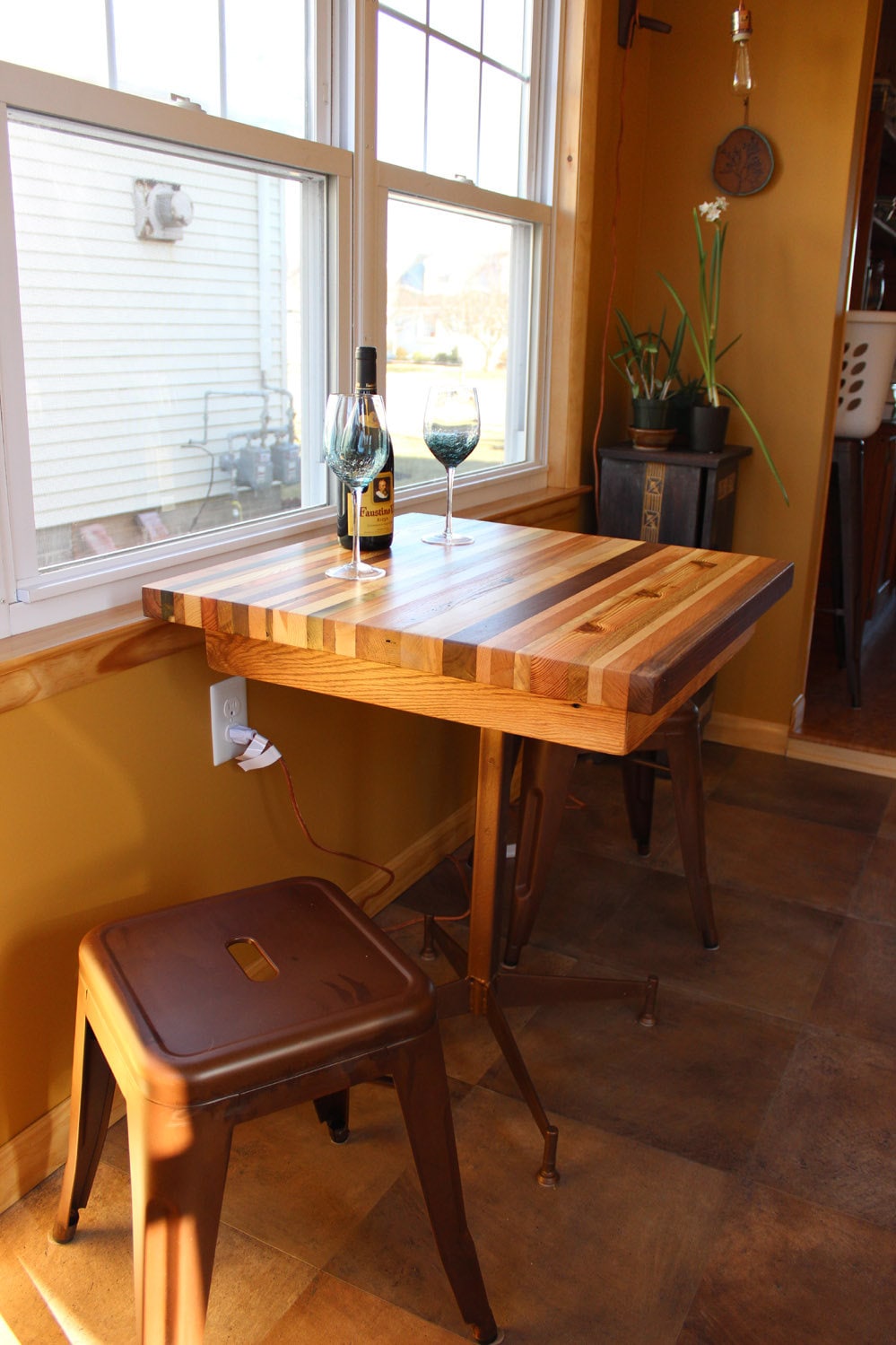 Mesa de desayuno, mesa de cocina con bloque de carnicero, mesa de comedor pequeña de madera, mesa con base de metal, mesa de isla de carnicero bohemia