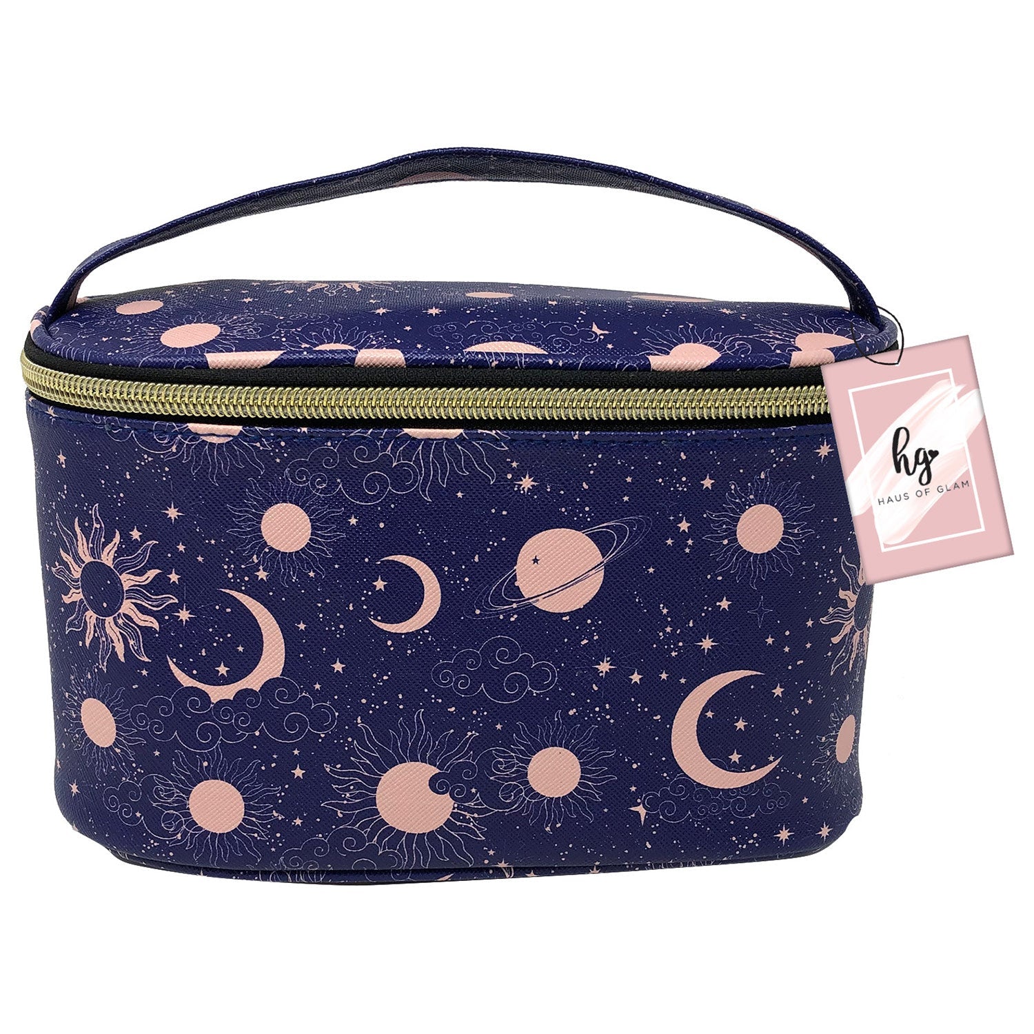 PREMIUS Cosmetic bag with Top Handle & Gold Metal Zipper, Constellation Print, 10x7x6 Inches