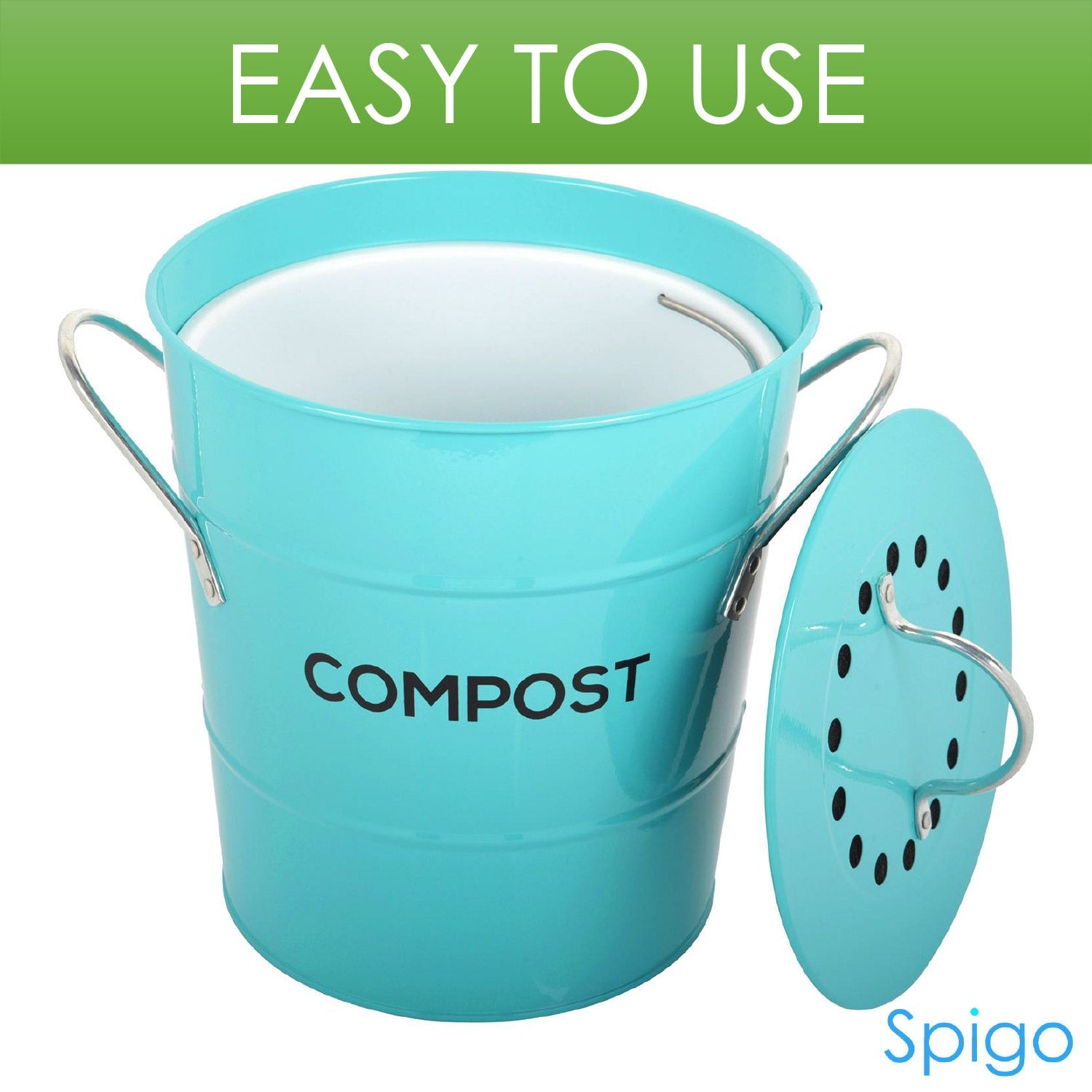 Spigo Steel Kitchen Compost Bin With Vented Charcoal Filter and Bucket, Turquoise, 1 Gallon