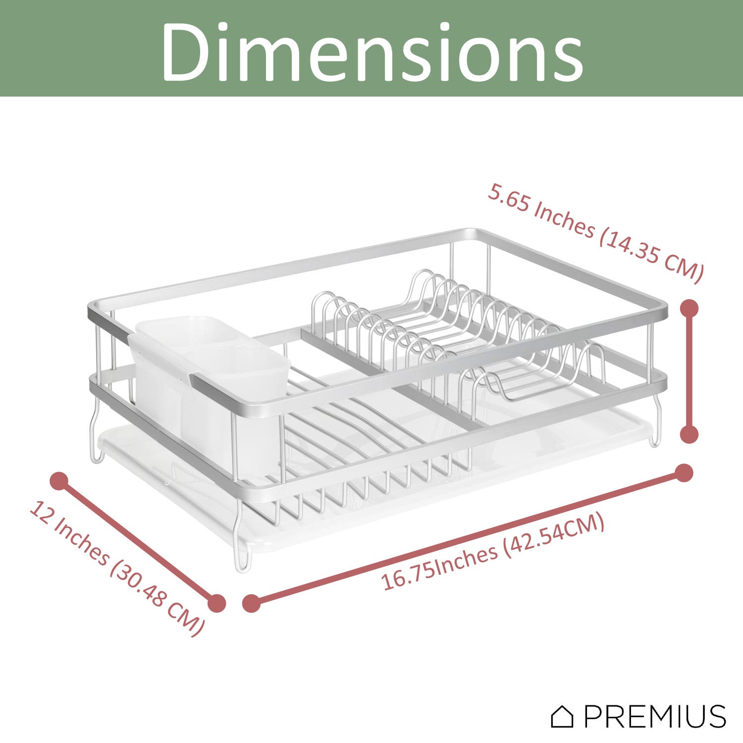 Premius Aluminum Dish Rack With Drainage Tray and Cutlery Holder, 16.75X12X5.65 Inches