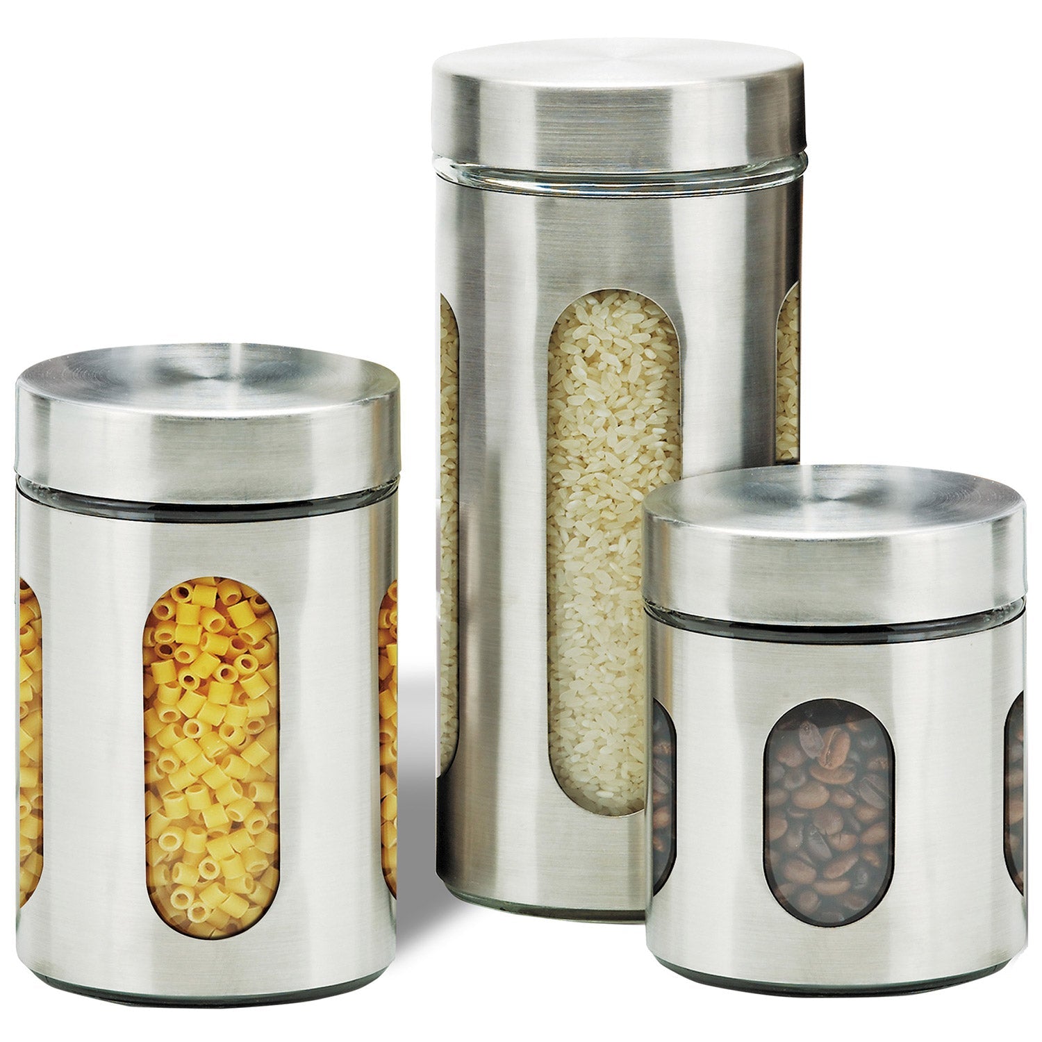 Premius Airtight 3-Piece Kitchen Glass Canister Set, Stainless Steel Silver