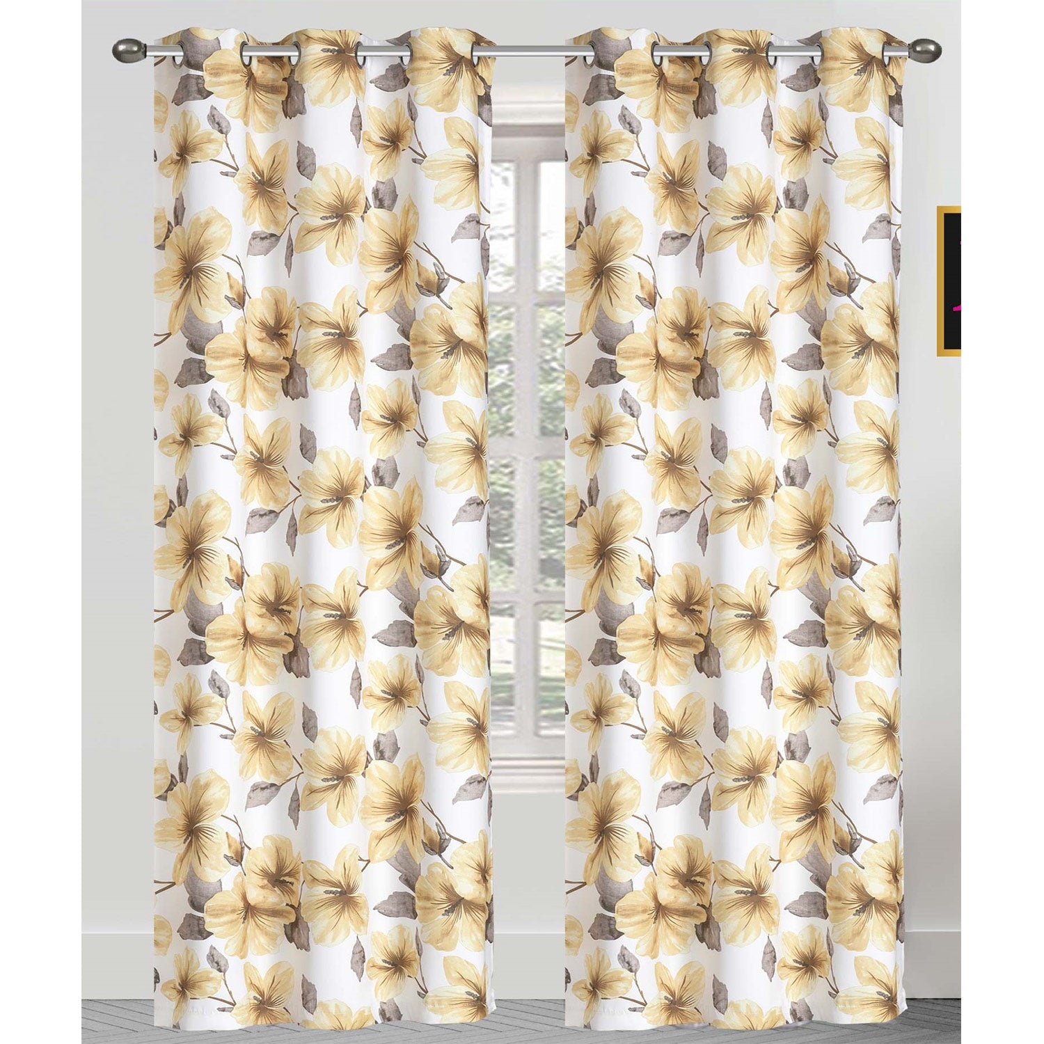 Mackenzie 2 Pack Floral Printed Room Darkening Grommet Window Panel, 2-38x84 Inches