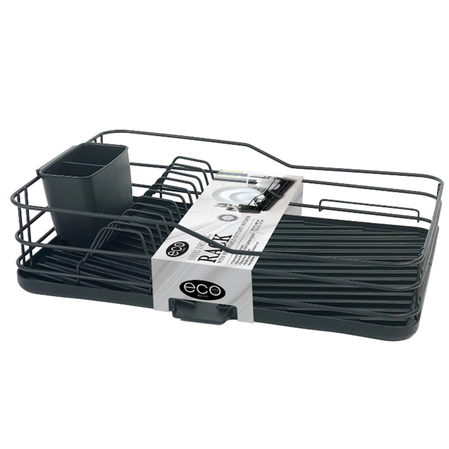 PREMIUS Dish Drainer Rack with Removable Cutlery Holder, Black, 17x12x4.25 Inches