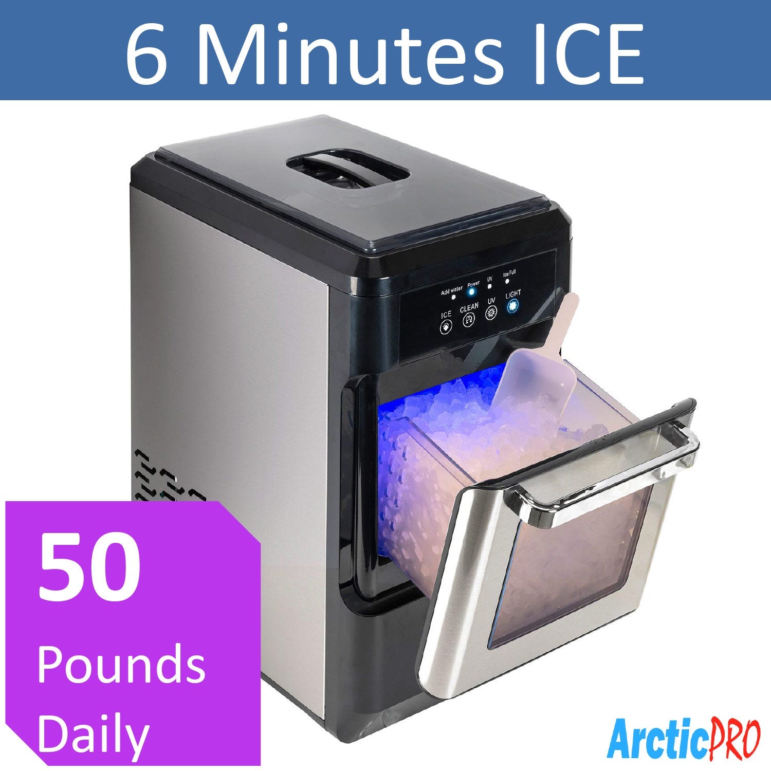 Máquina para fabricar hielo portátil Arctic-Pro Ice Pellet con luz ultravioleta y cajón para hielo, acero inoxidable negro