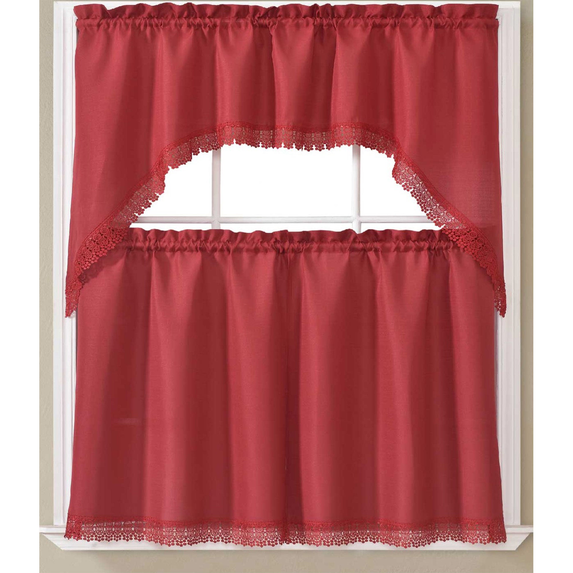 Maggie Kitchen Curtain Set with Macrame Fringes, Swag Valance 60x36, Tiers 30x36 Inches