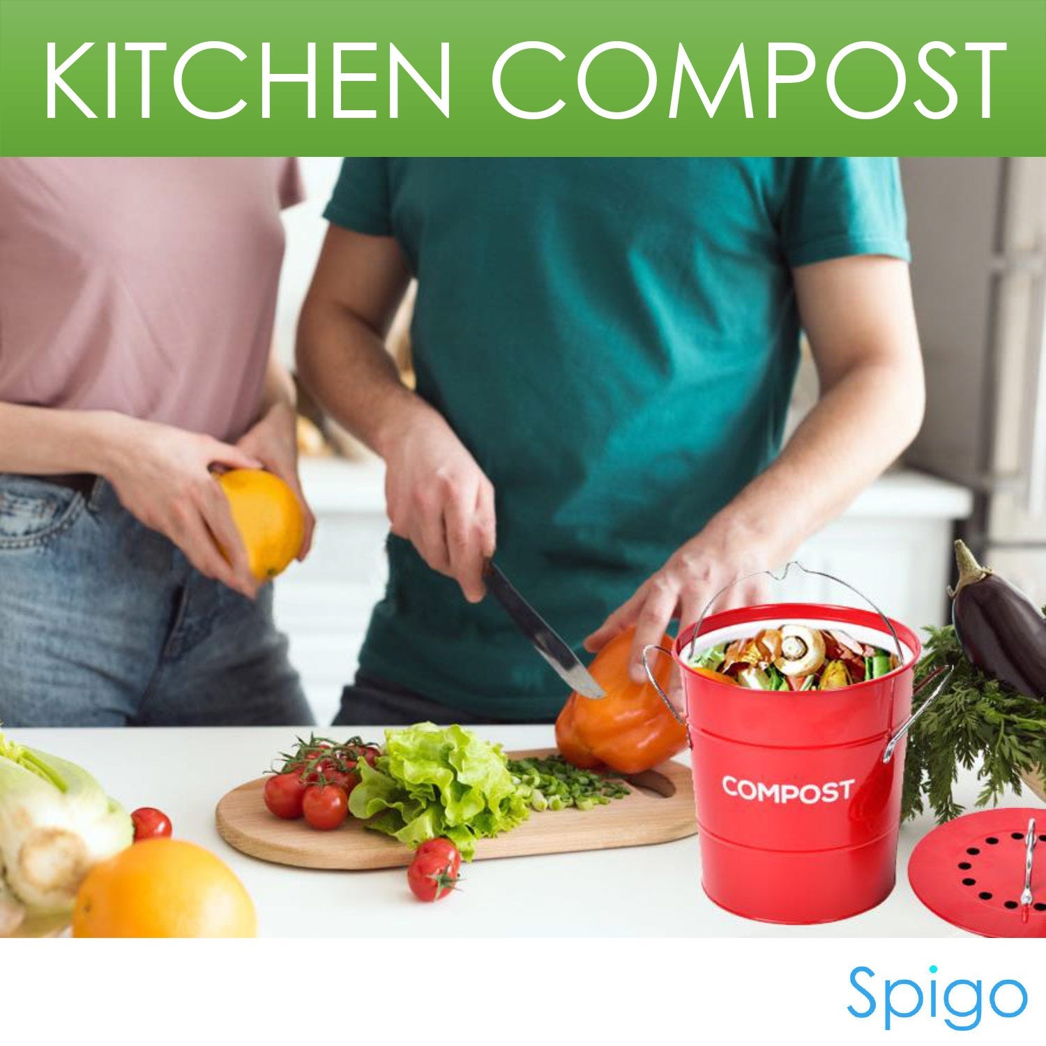 Spigo Steel Kitchen Compost Bin With Vented Charcoal Filter and Bucket, Red, 1 Gallon