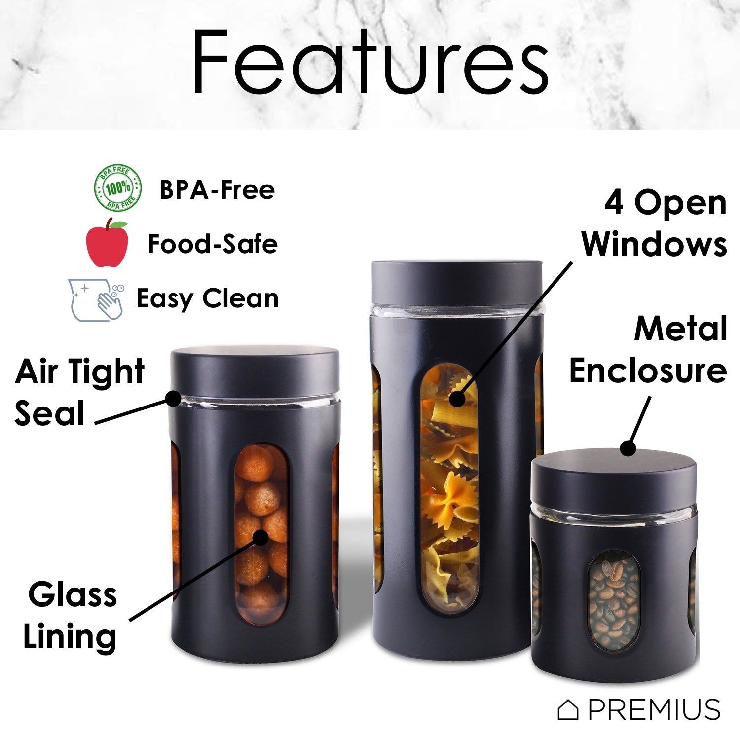 Premius Airtight 3-Piece Kitchen Glass Canister Set, Matte Black