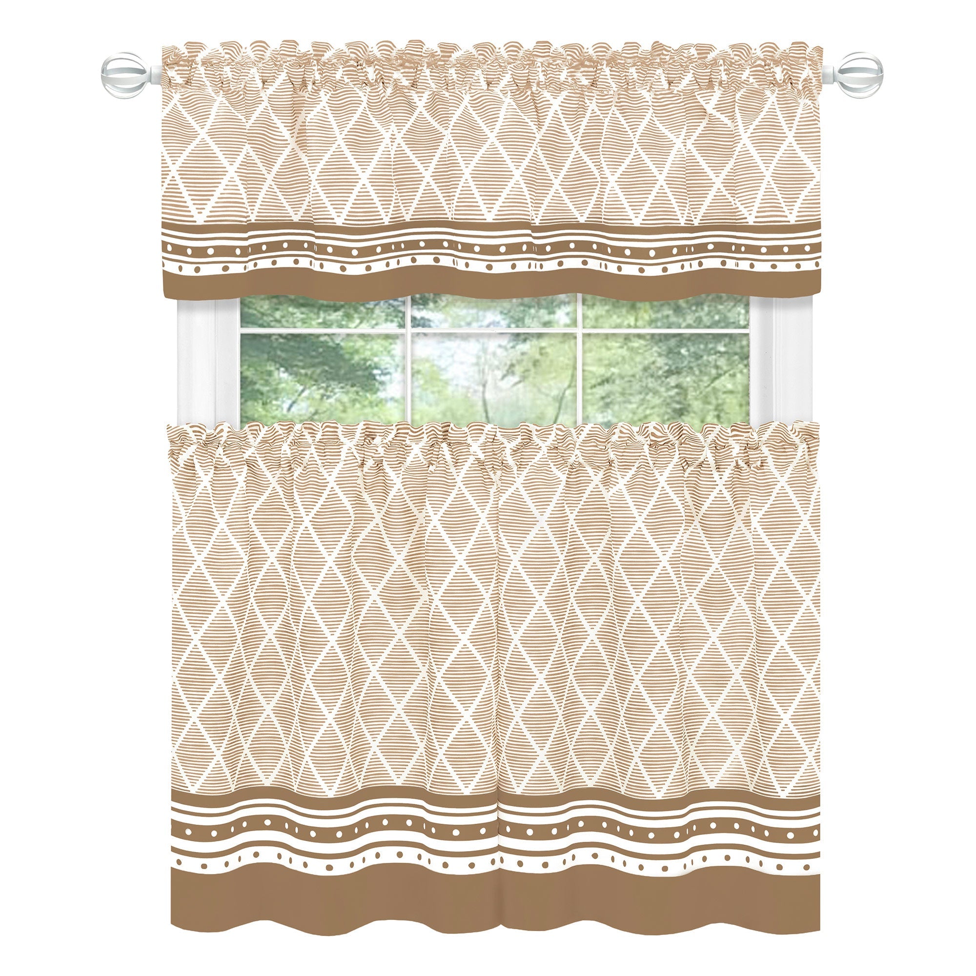 Achim Boho Printed Kitchen Curtain Set, Mocha, Valance 58x13, Tiers 58x36 Inches