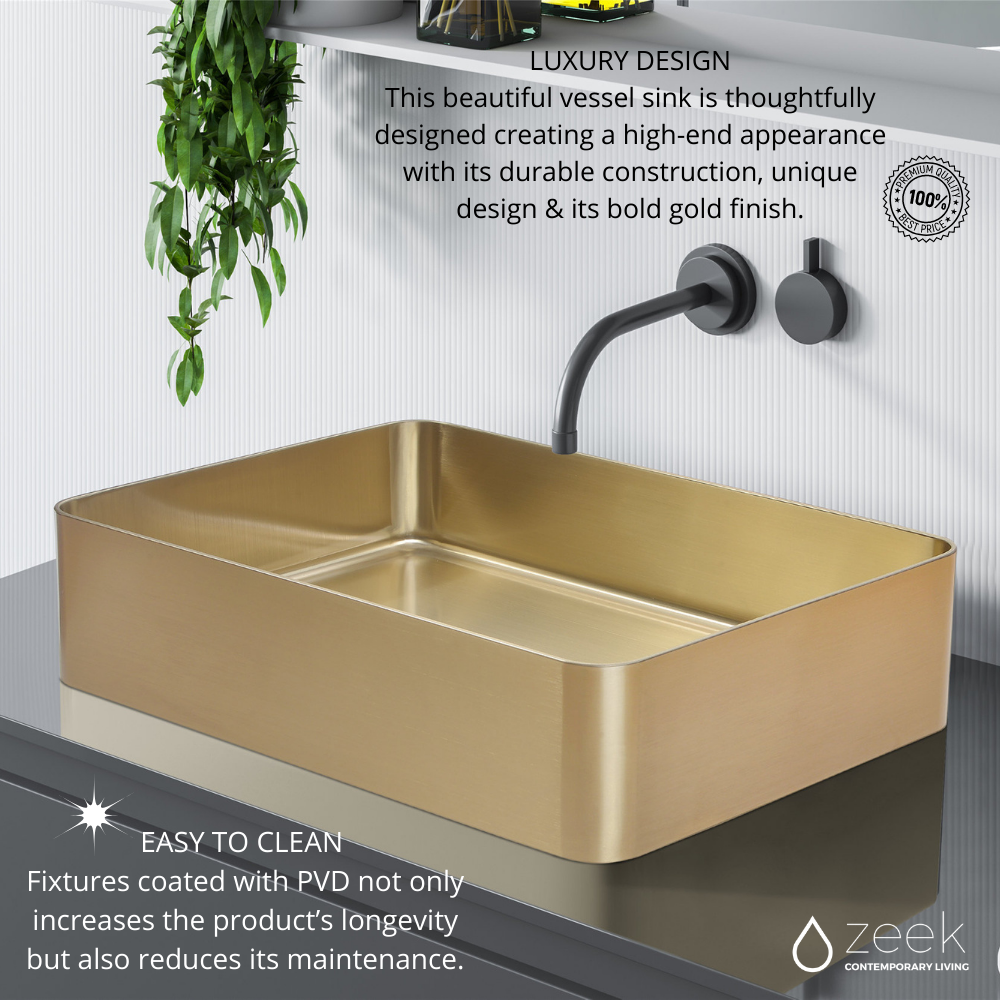 Lavabo de baño rectangular Zeek de 18” x 13” dorado con revestimiento de PVD Nano Tech de acero inoxidable ZN-G183