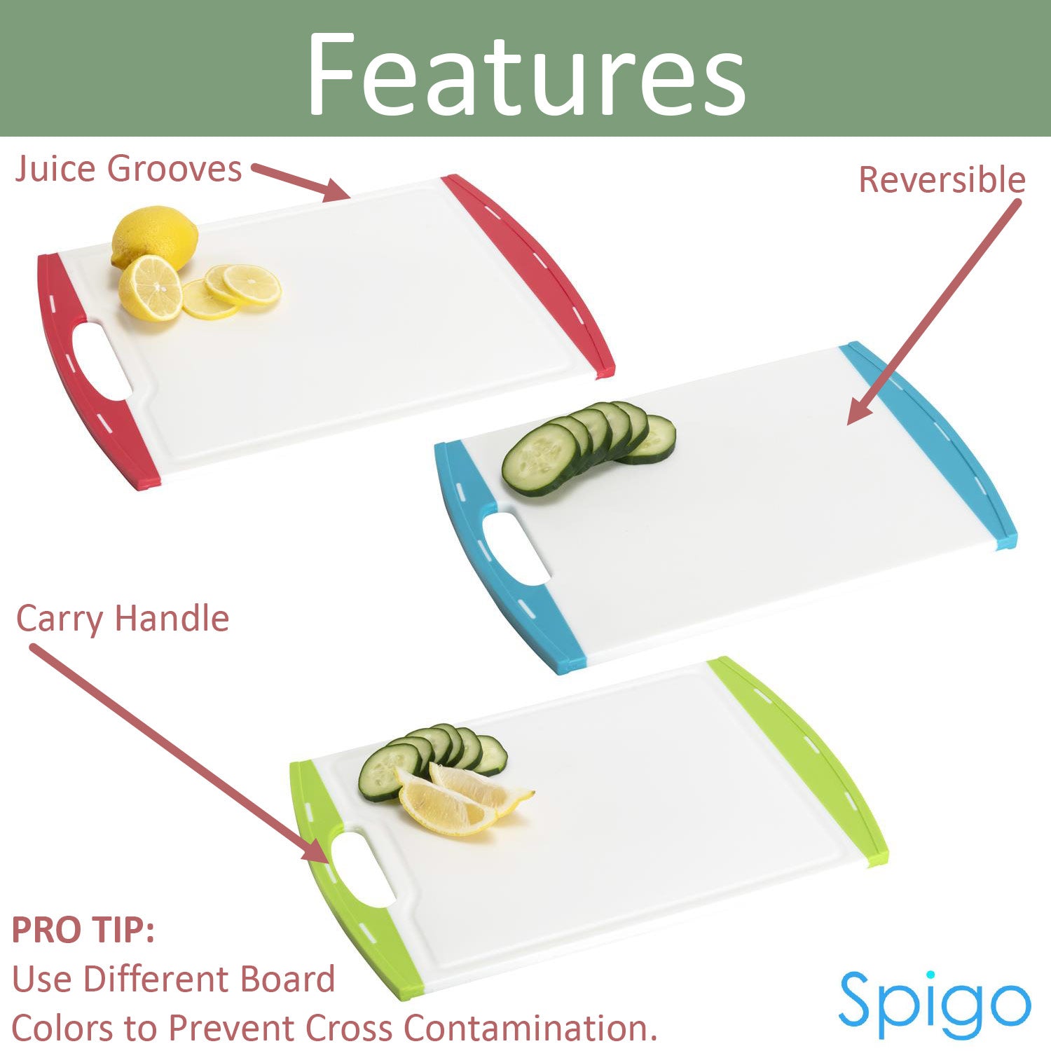 Spigo Non-Slip Cutting Board Set with Juice Groove and Handle, 3 Pieces