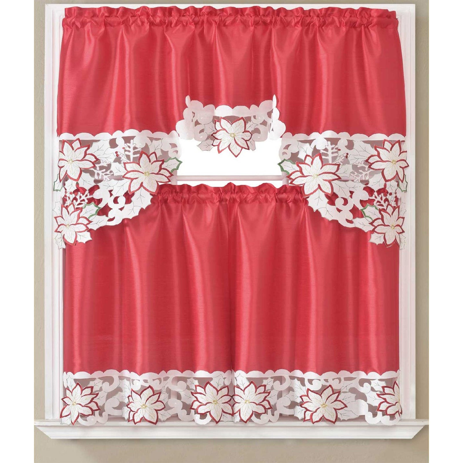 Mariah Poinsettia Kitchen Curtain Set with Cutout Design, Red, Swag Valance 60x36, Tiers 30x36 Inches