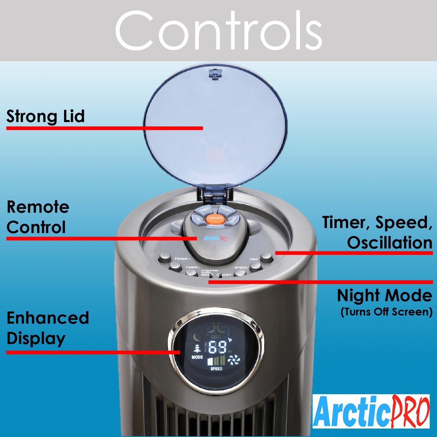 Arctic-Pro Digital Screen Oscillating Tower Fan with Remote Control, Dark Gray, 42-Inch