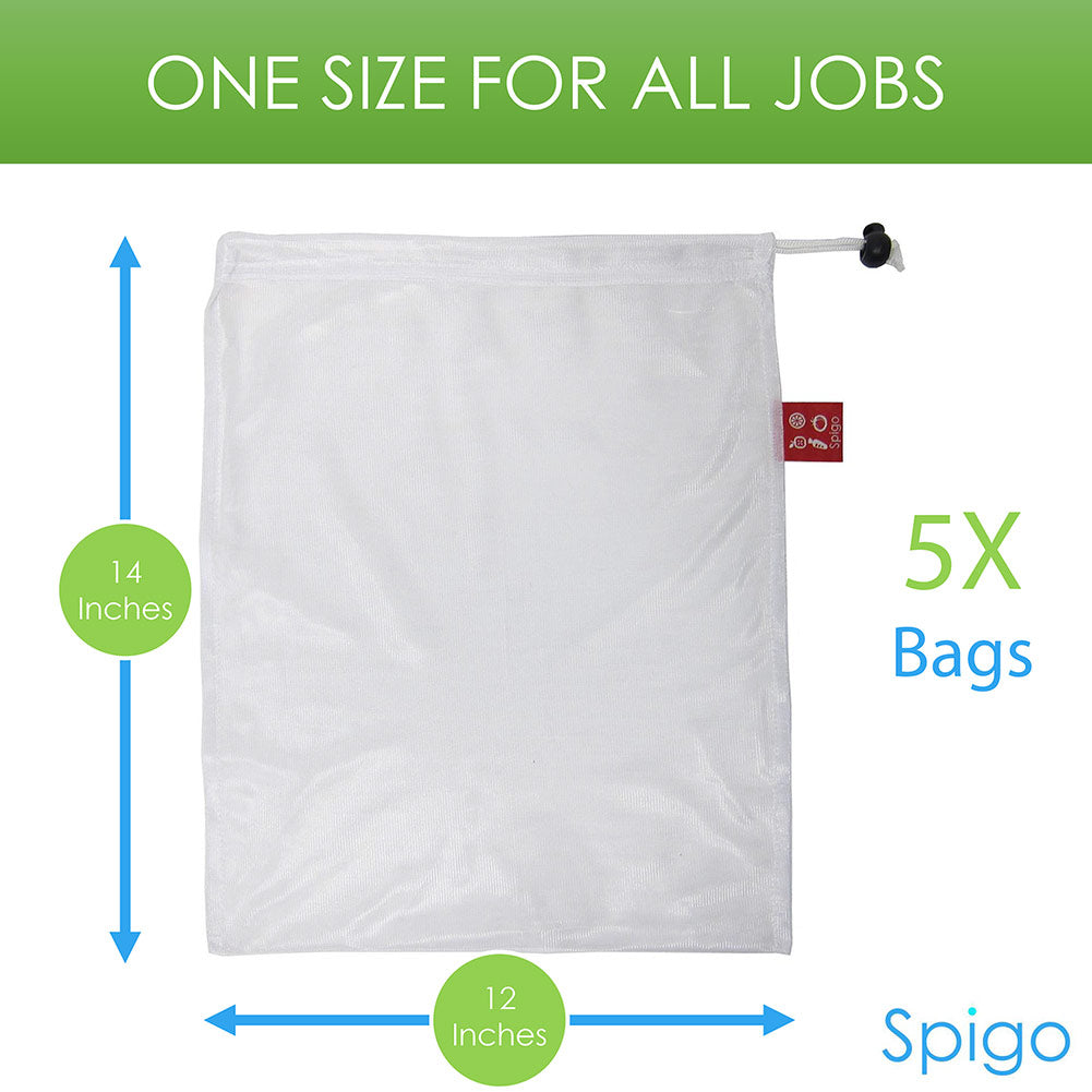 Spigo Reusable and Washable Mesh Produce Bags, 5 Count, 12x14 Inches