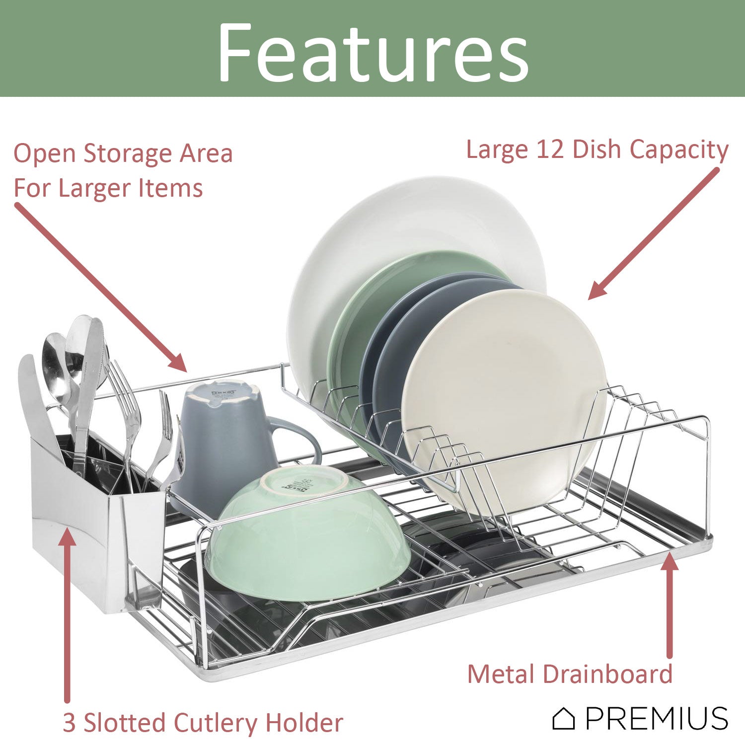 Premius Deluxe Chrome Dish Rack And Cutlery Holder, 18.5x12.7x5.25 Inches